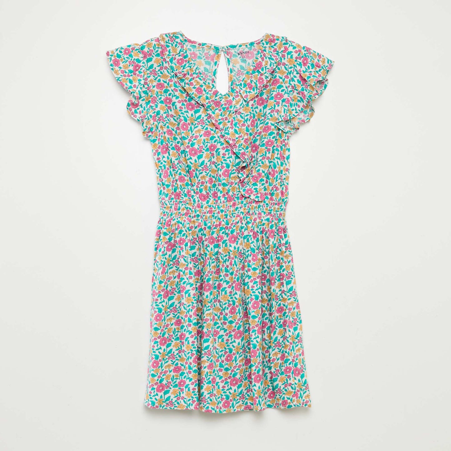 Robe courte imprimée et volantée VERTE/ROSE