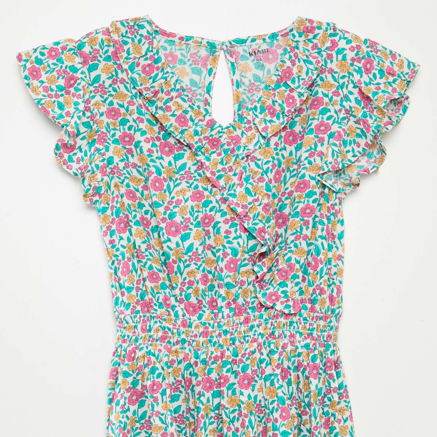 Robe courte imprimée et volantée VERTE/ROSE