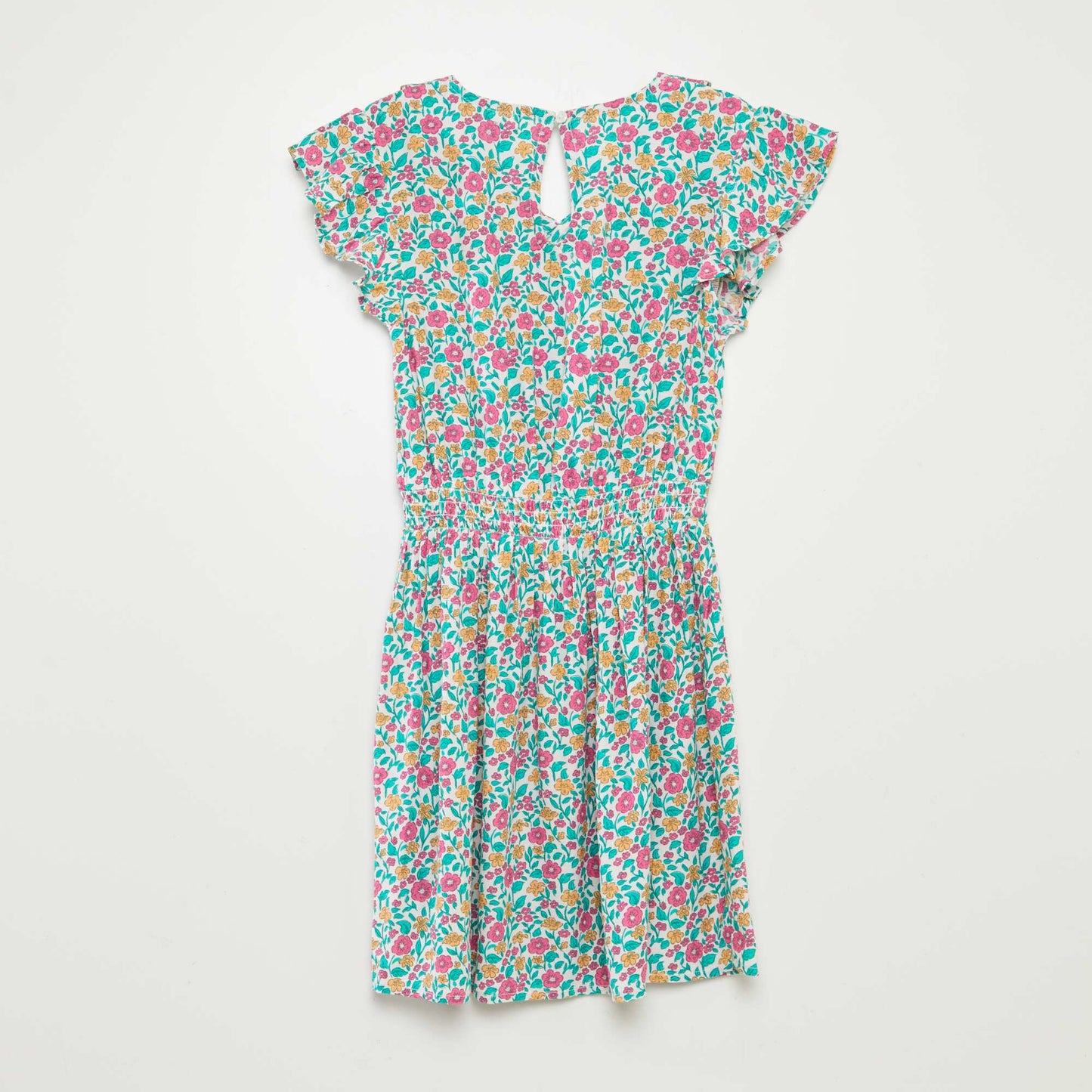 Robe courte imprimée et volantée VERTE/ROSE
