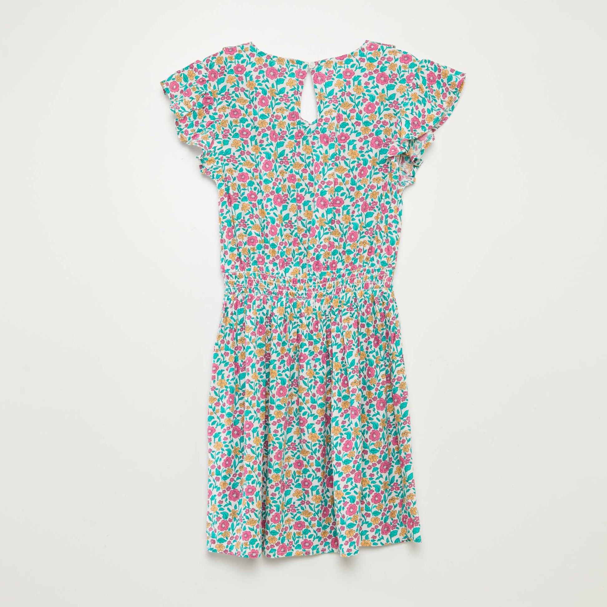 Robe courte imprimée et volantée VERTE/ROSE