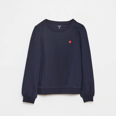 Sweat en molleton uni cœur brodé BLEU