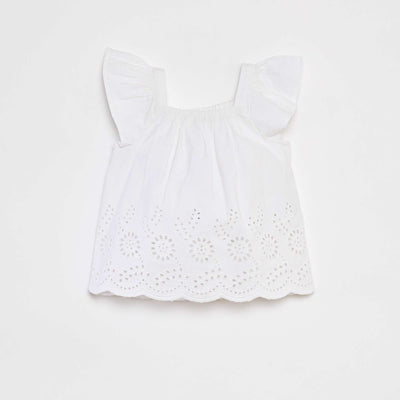 Blouse légère avec bretelles volantées et broderies BLANC
