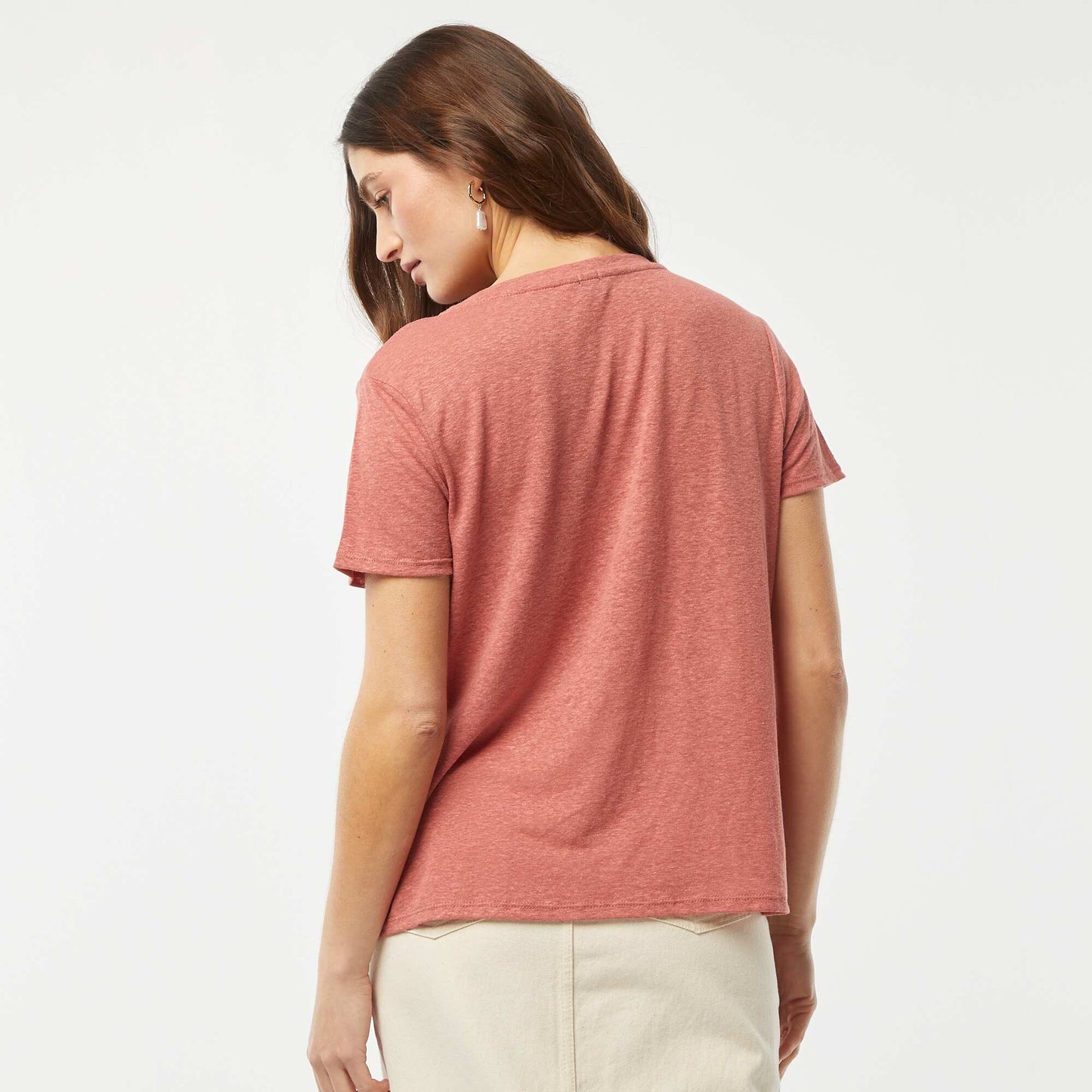 T-shirt basique col V en lin mélangé ROSE