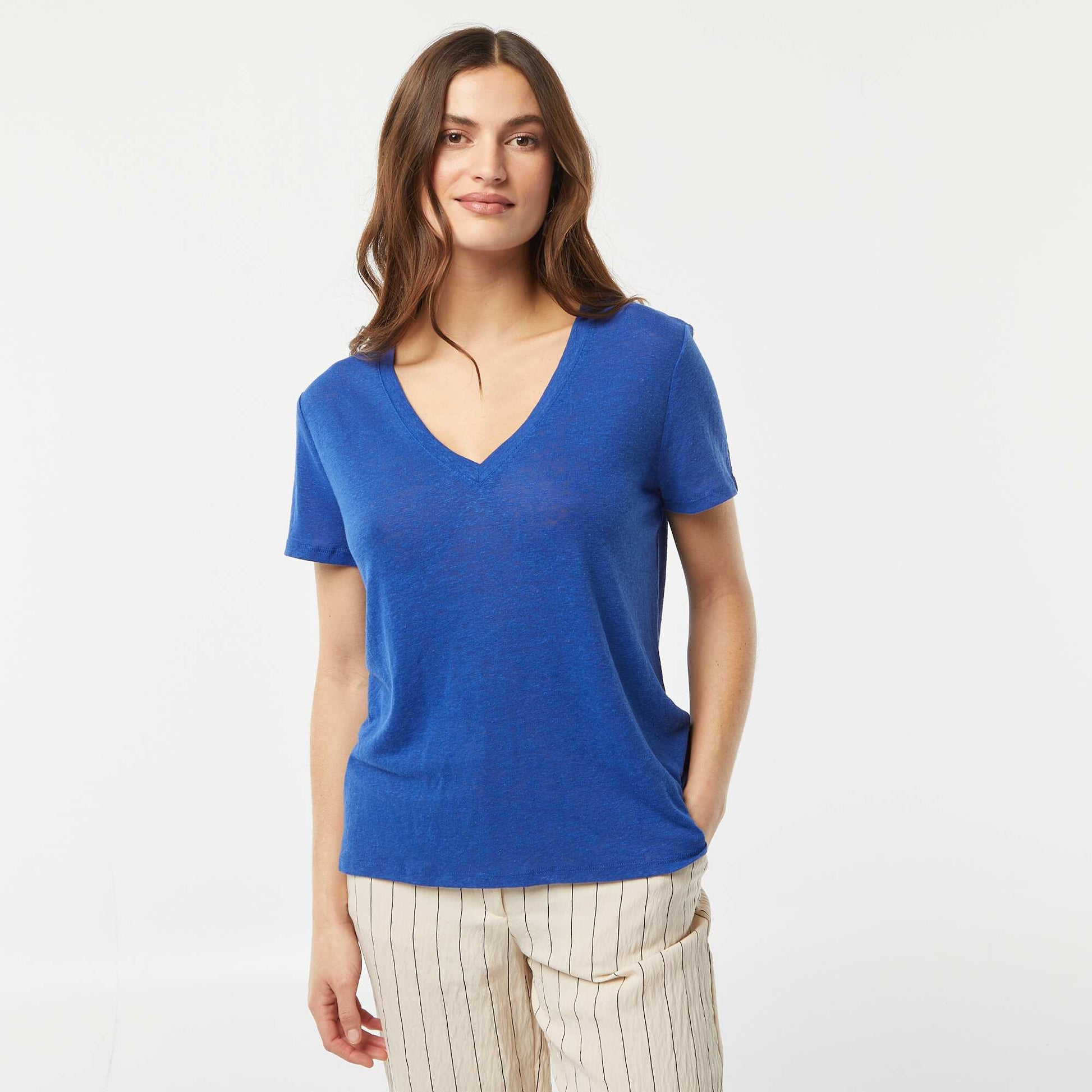 T-shirt basique col V en lin mélangé BLEU