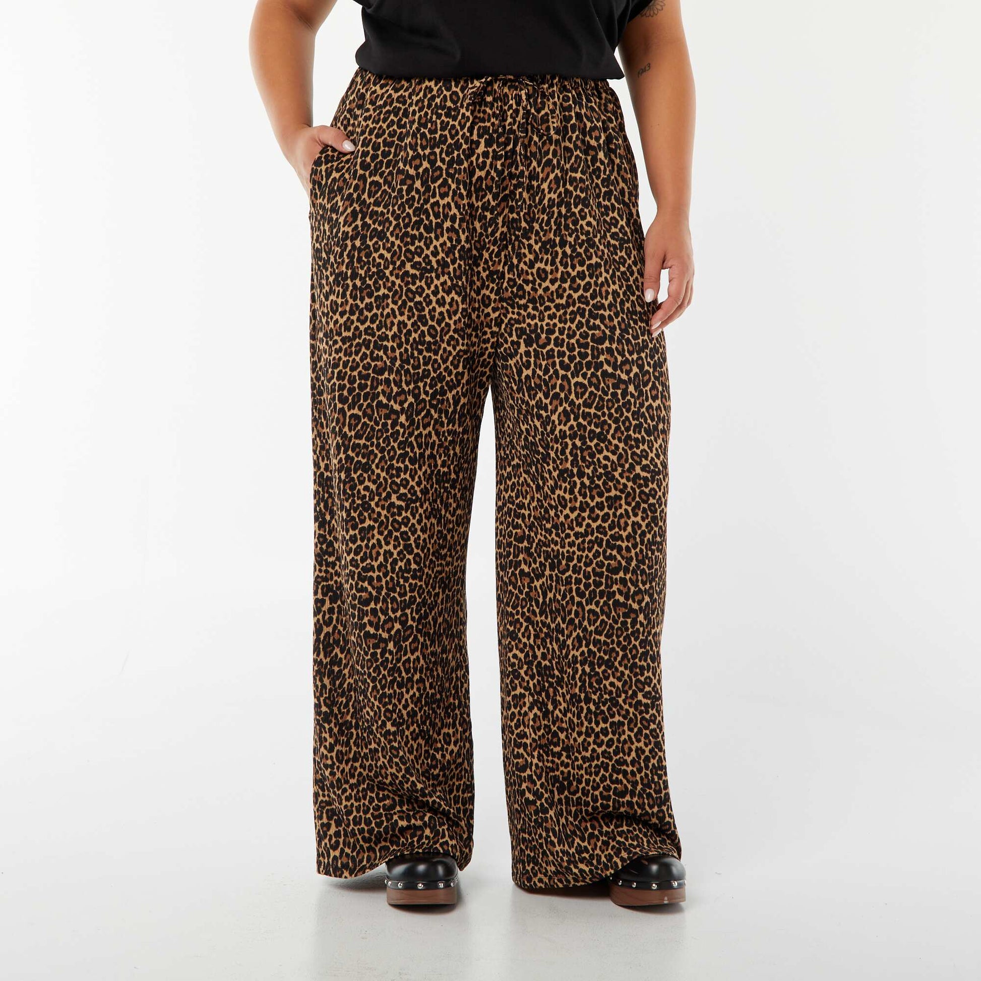 Pantalon wide leg en maille plissée BEIGE
