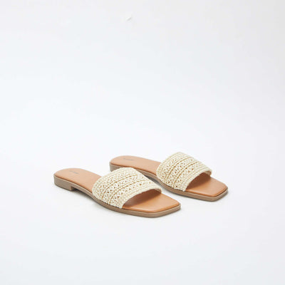 Mules plates avec brides type paille avec fils dorés et pailletés BEIGE
