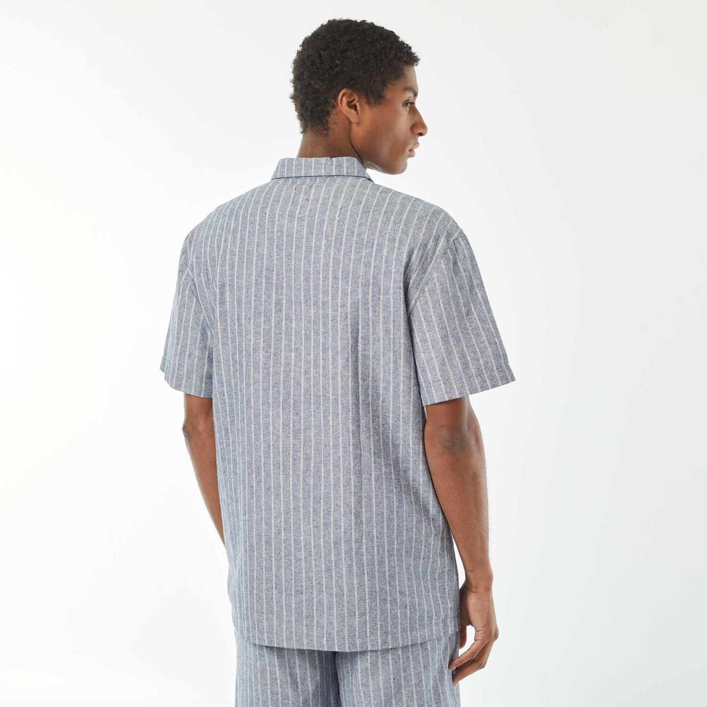 Chemise à manches courtes rayée en lin mélangé BLEU