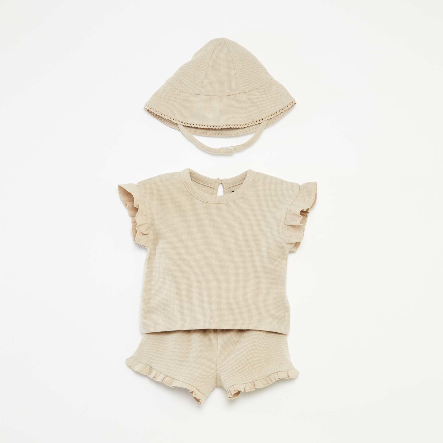 Ensemble t-shirt + short + bob en maille gaufrée - 3 pièces BEIGE