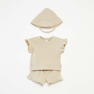 Ensemble t-shirt + short + bob en maille gaufrée - 3 pièces BEIGE