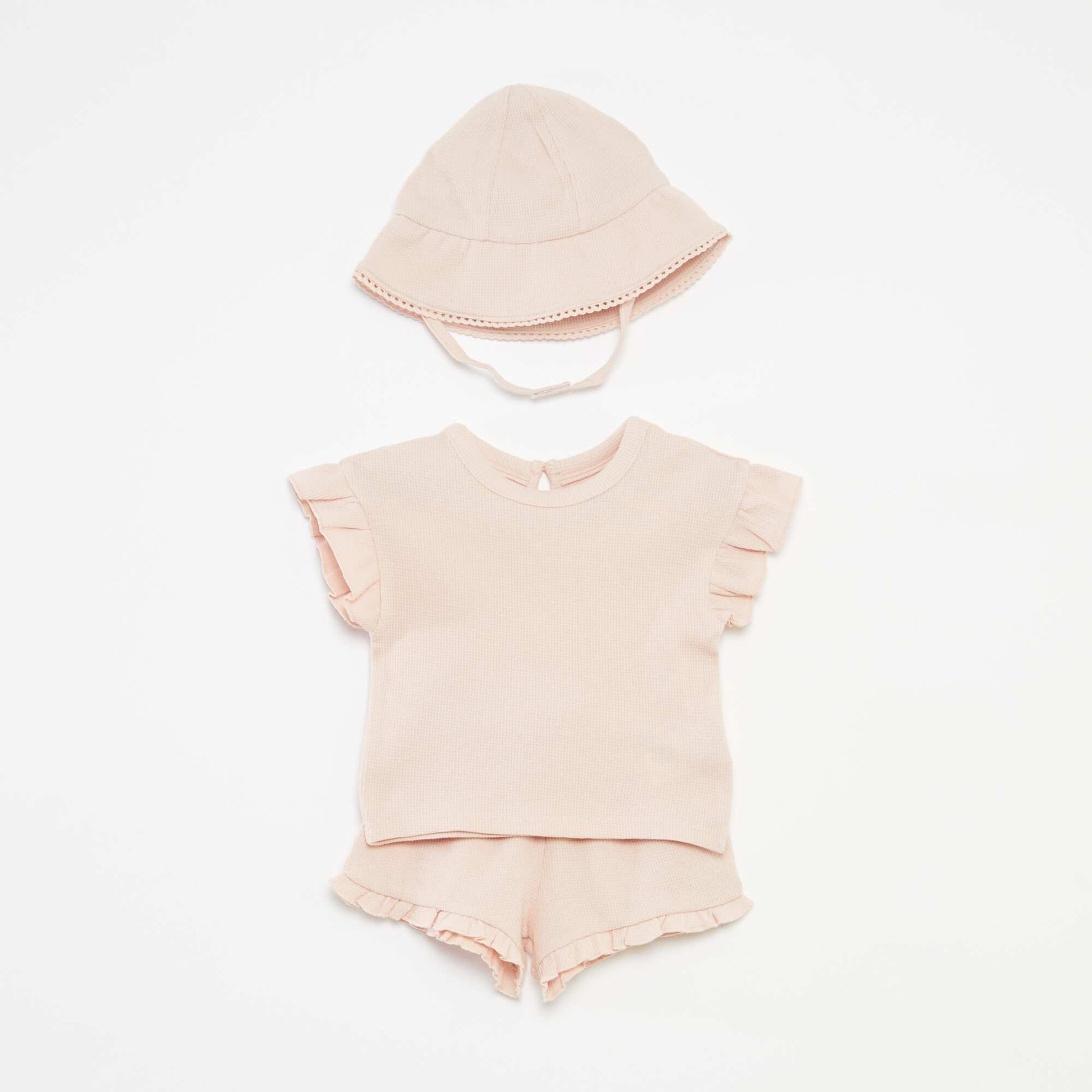 Ensemble t-shirt + short + bob en maille gaufrée - 3 pièces ROSE
