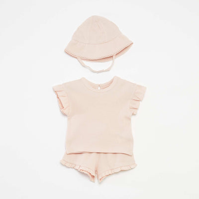 Ensemble t-shirt + short + bob en maille gaufrée - 3 pièces ROSE