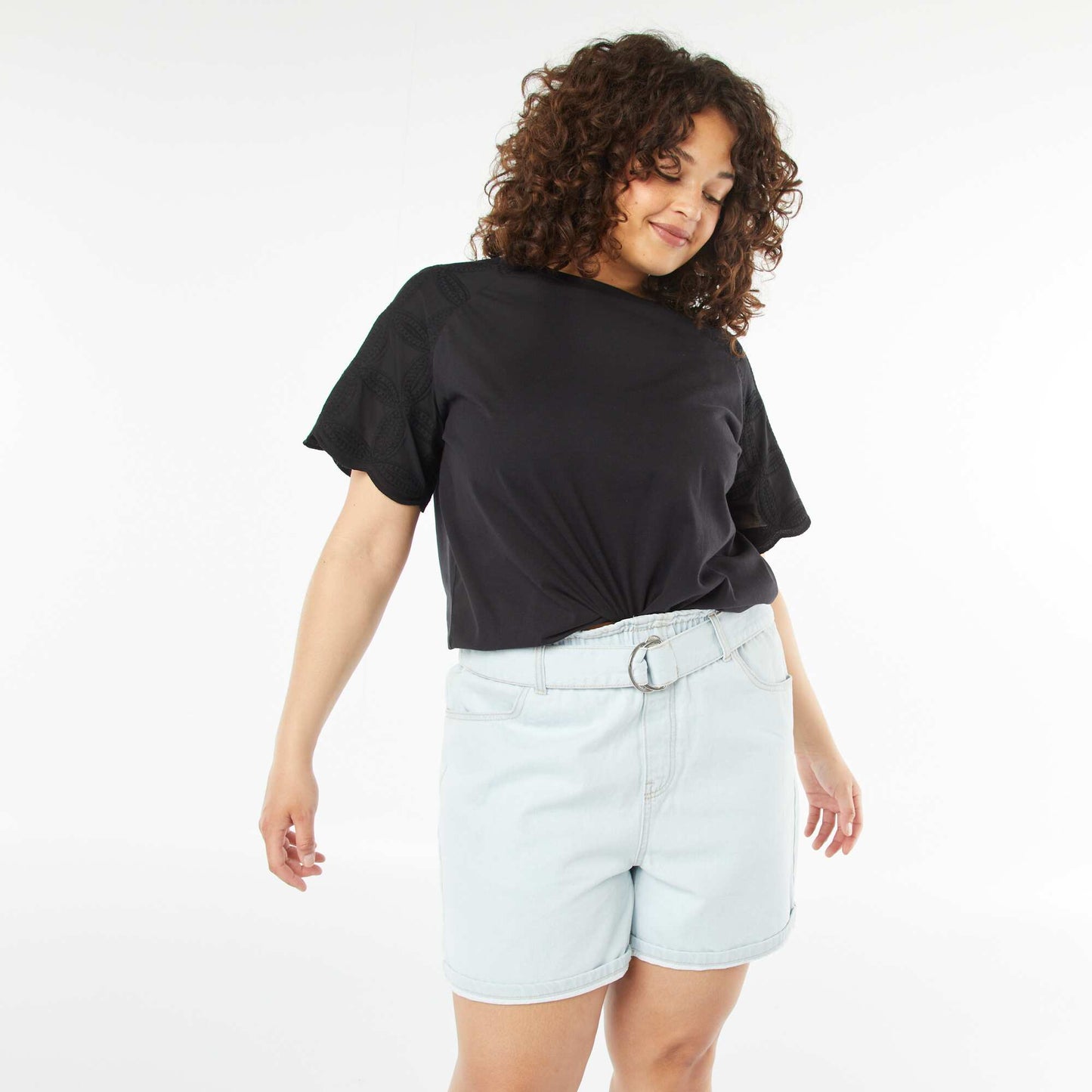 Short en jean uni avec ceinture BLEU