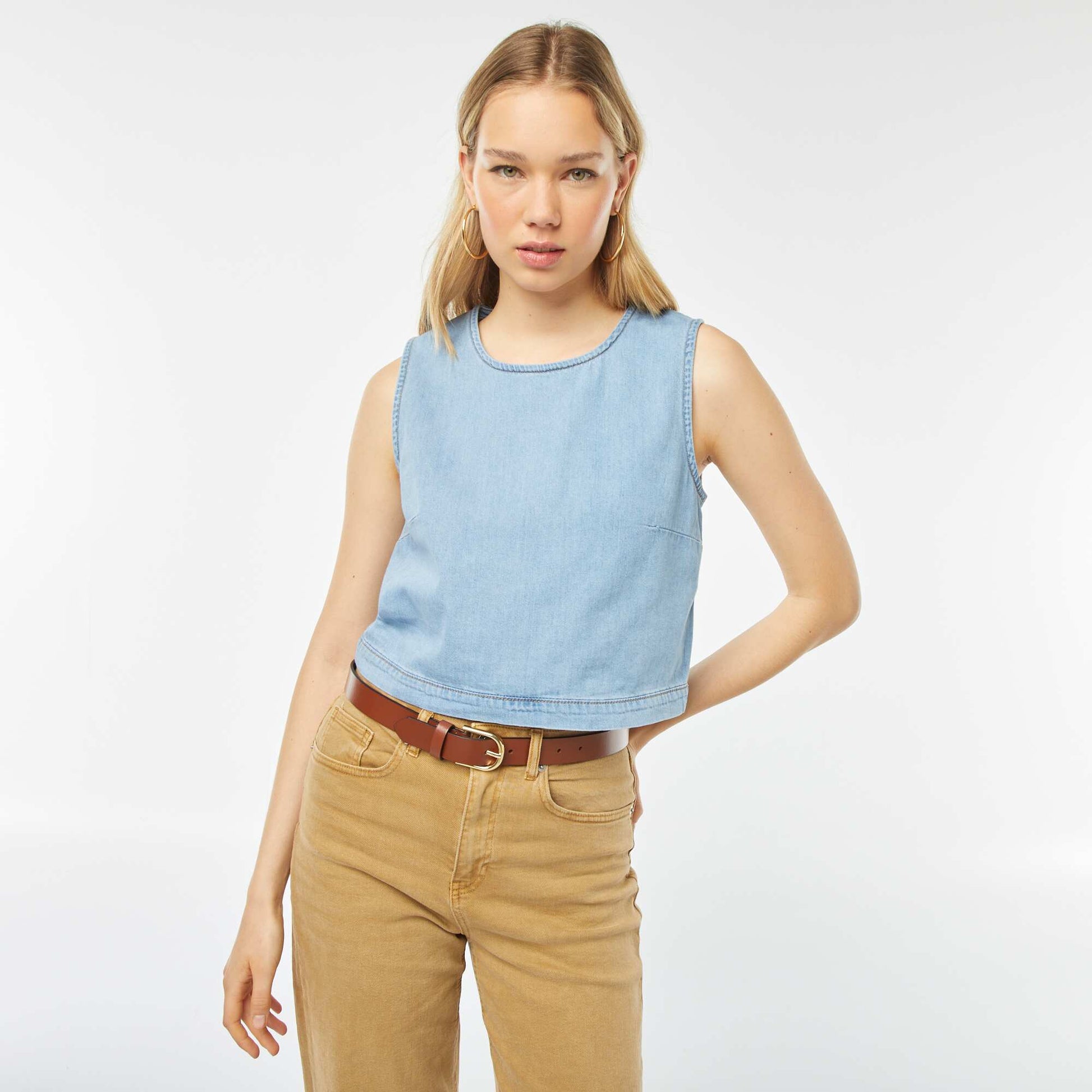 Top crop-top sans manches unie BLEU