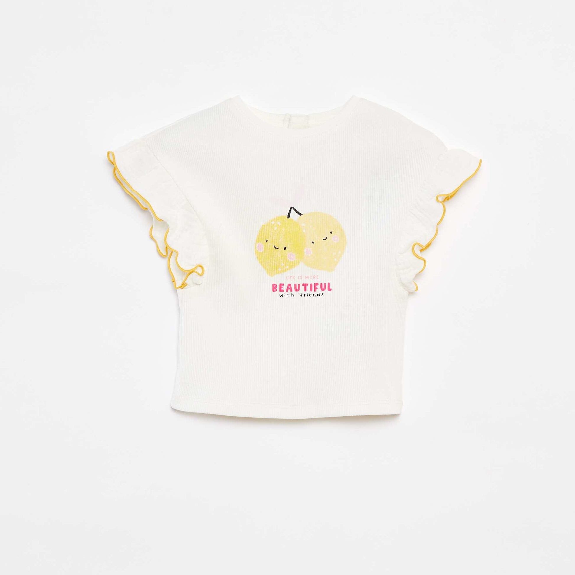 Tee-shirt en maille côtelée avec manches volantées BLANC/JAUNE