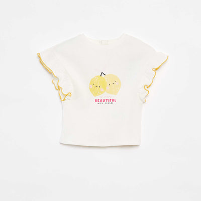 Tee-shirt en maille côtelée avec manches volantées BLANC/JAUNE