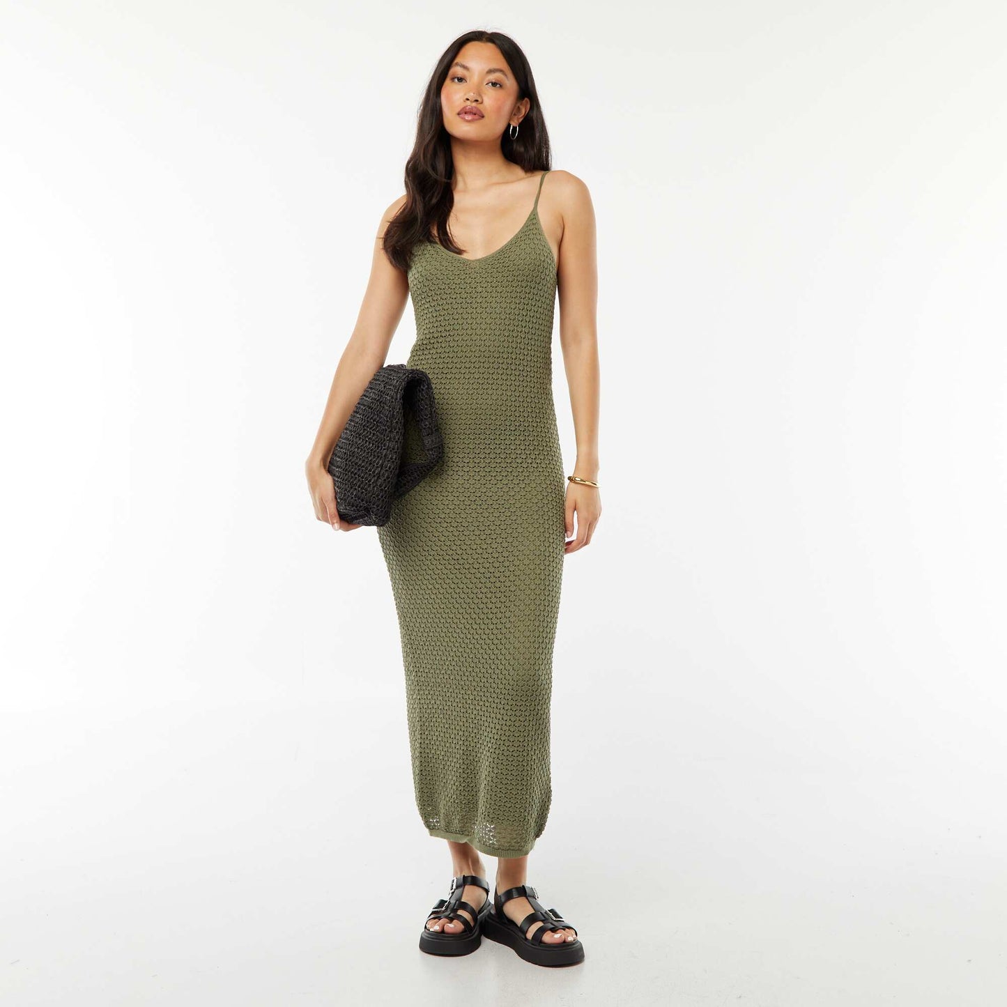 Robe à bretelles coupe midi en crochet KAKI