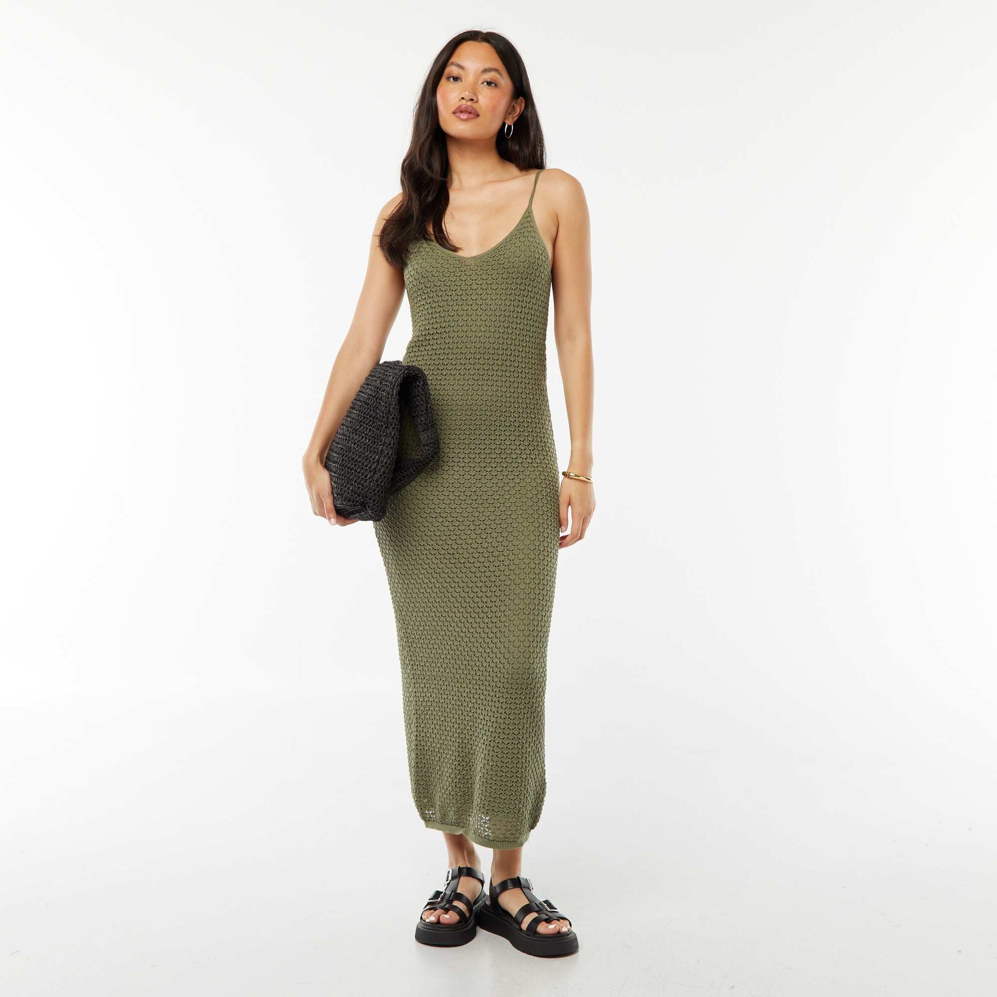 Robe à bretelles coupe midi en crochet KAKI