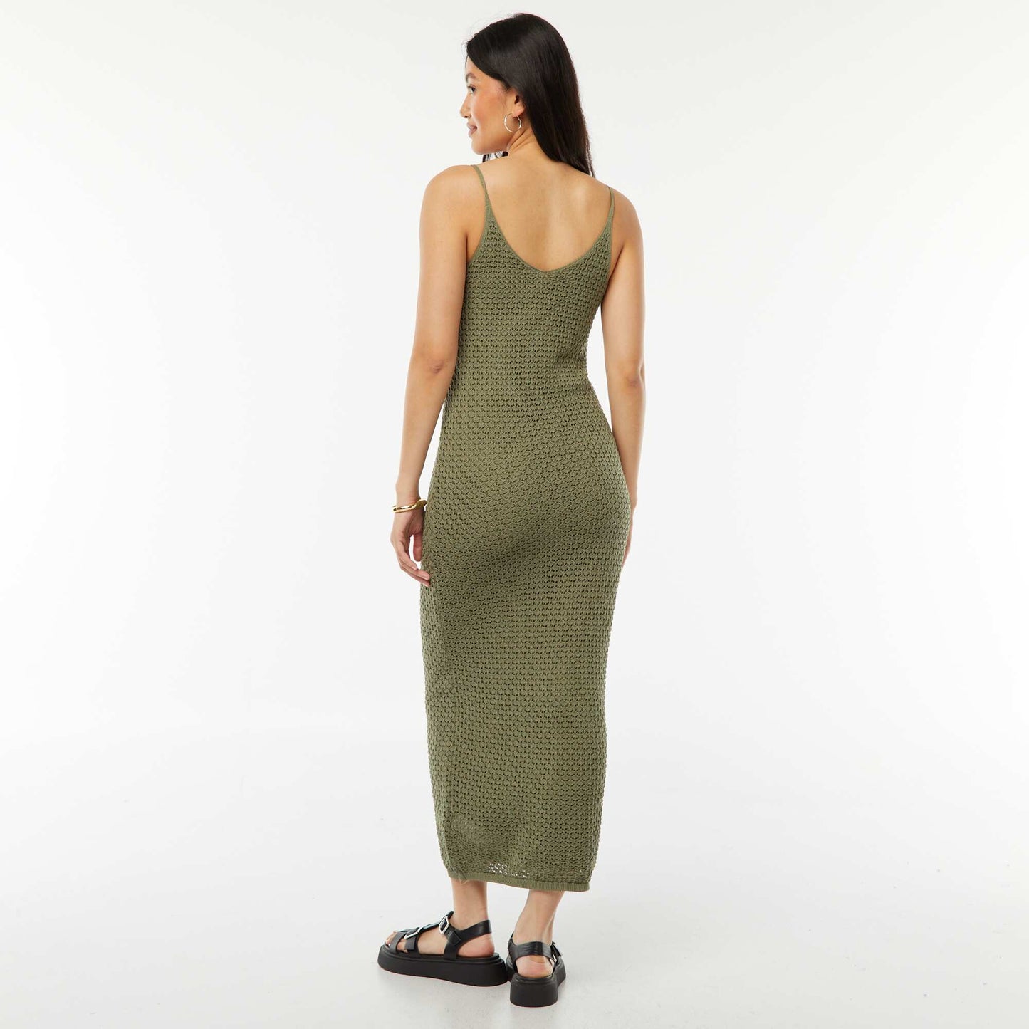 Robe à bretelles coupe midi en crochet KAKI