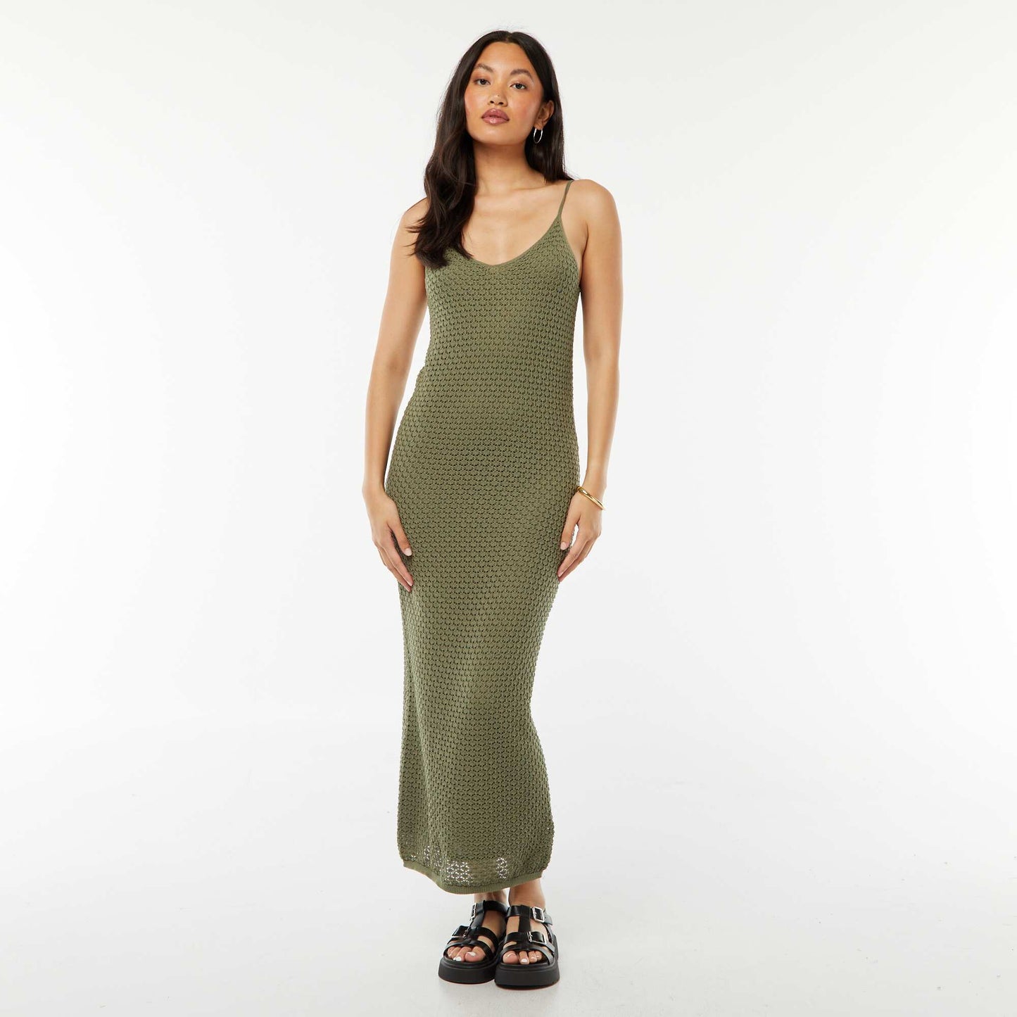 Robe à bretelles coupe midi en crochet KAKI