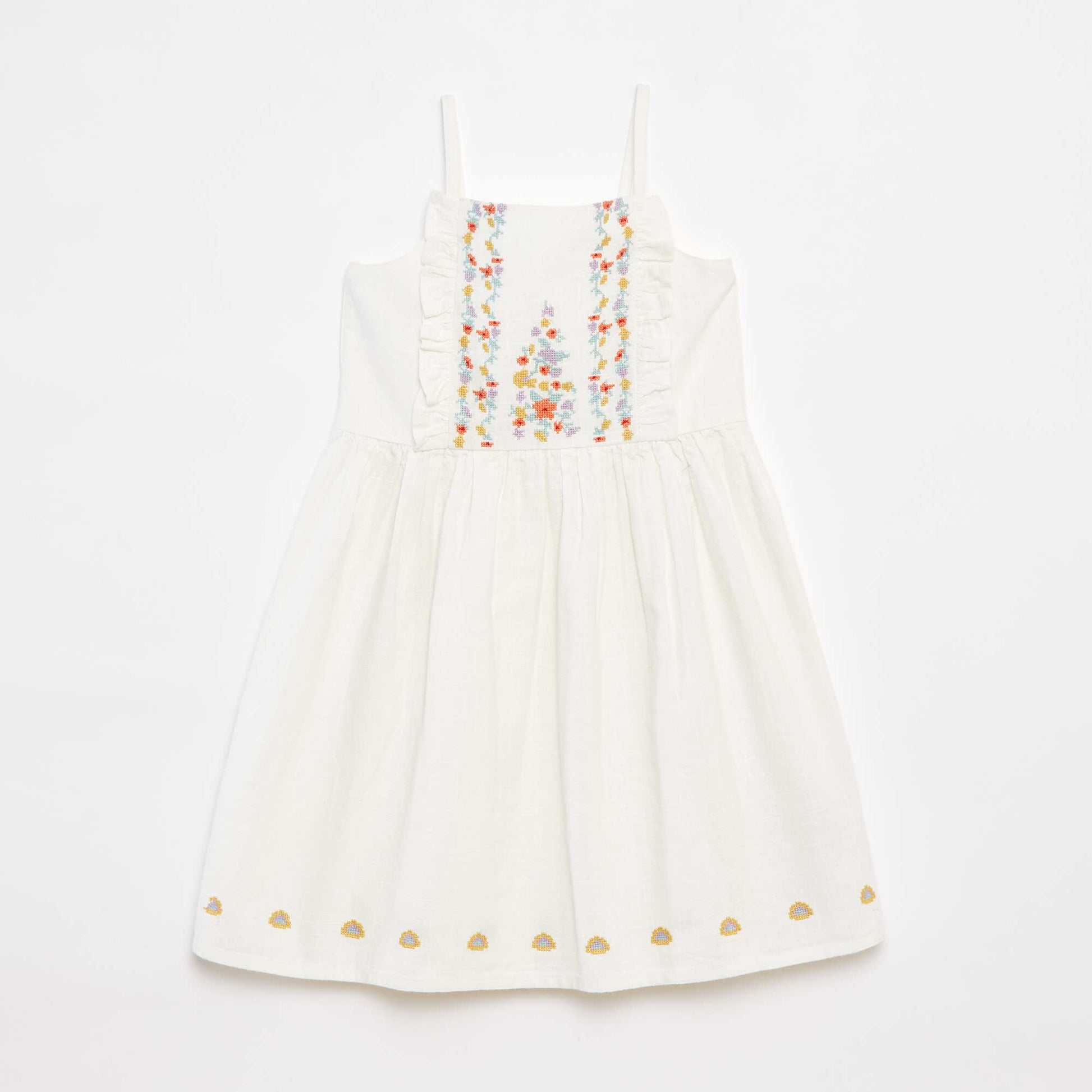 Robe en chaine et trame avec broderies BLANC