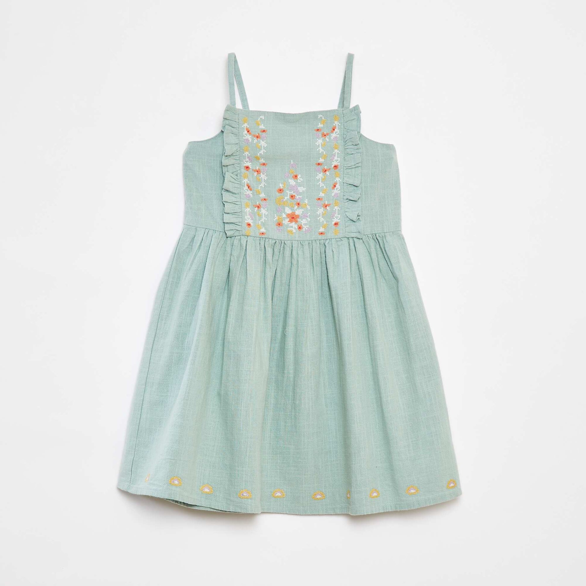 Robe en chaine et trame avec broderies VERT