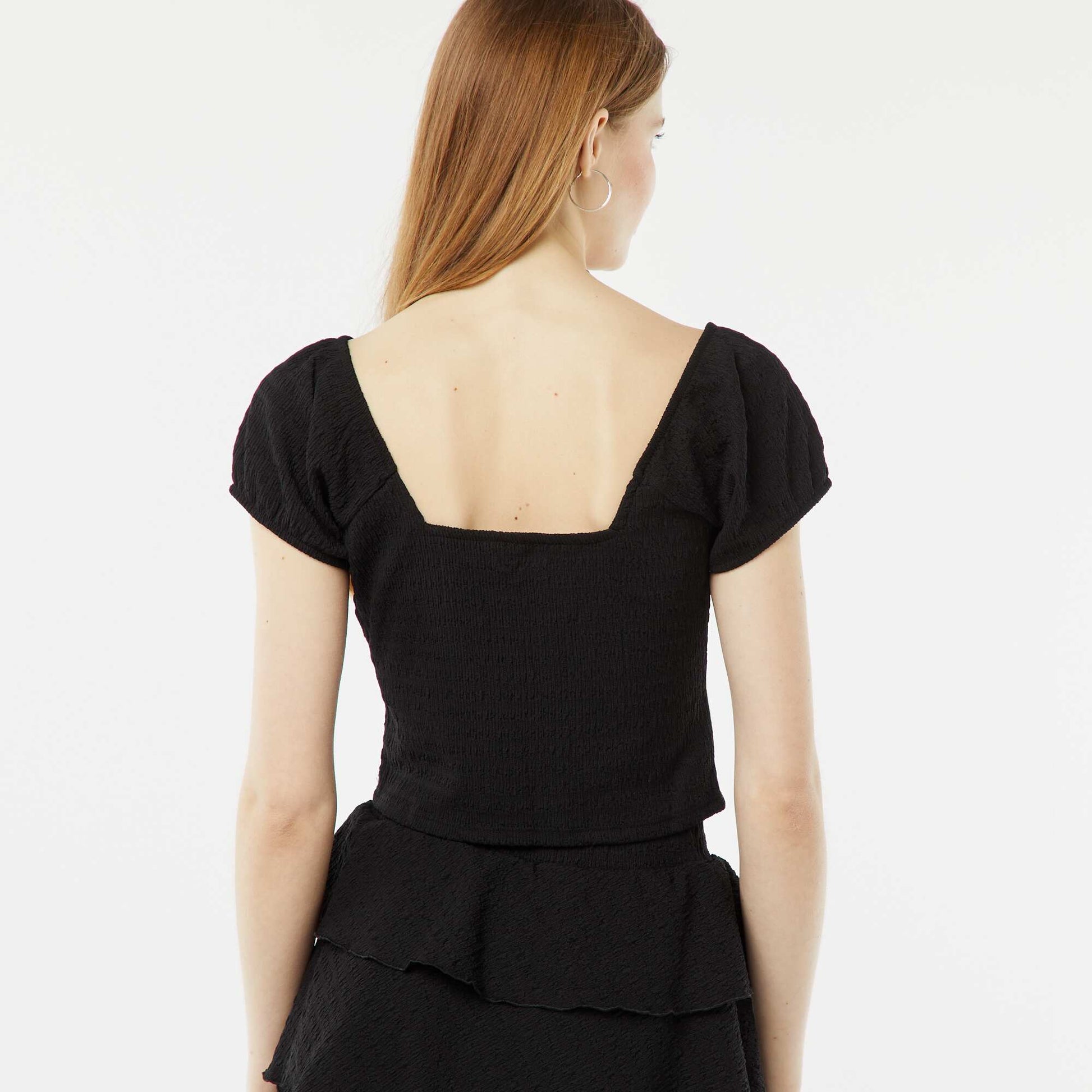 Top en maille gaufrée col carré NOIR