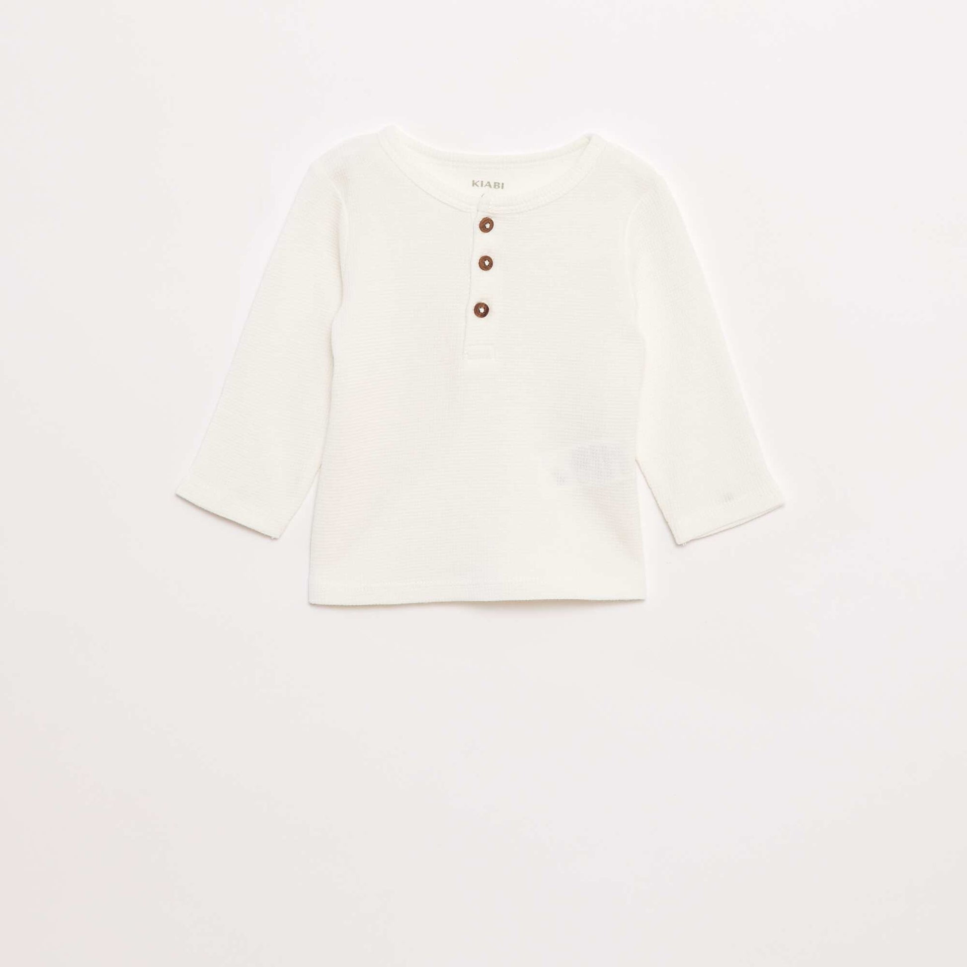 T-shirt col tunisien en maille gaufrée BLANC
