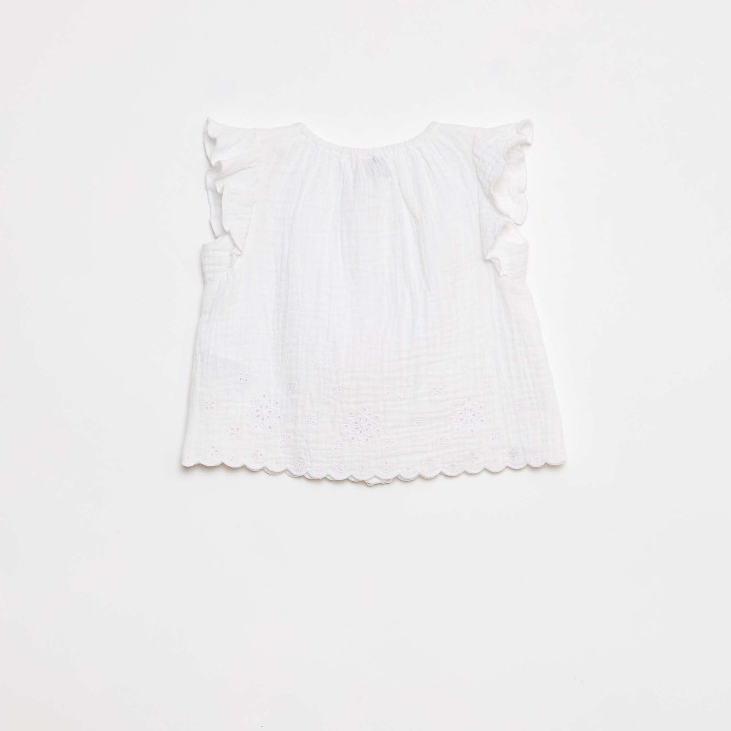 Blouse en gaze de coton avec manches courtes volantées BLANC