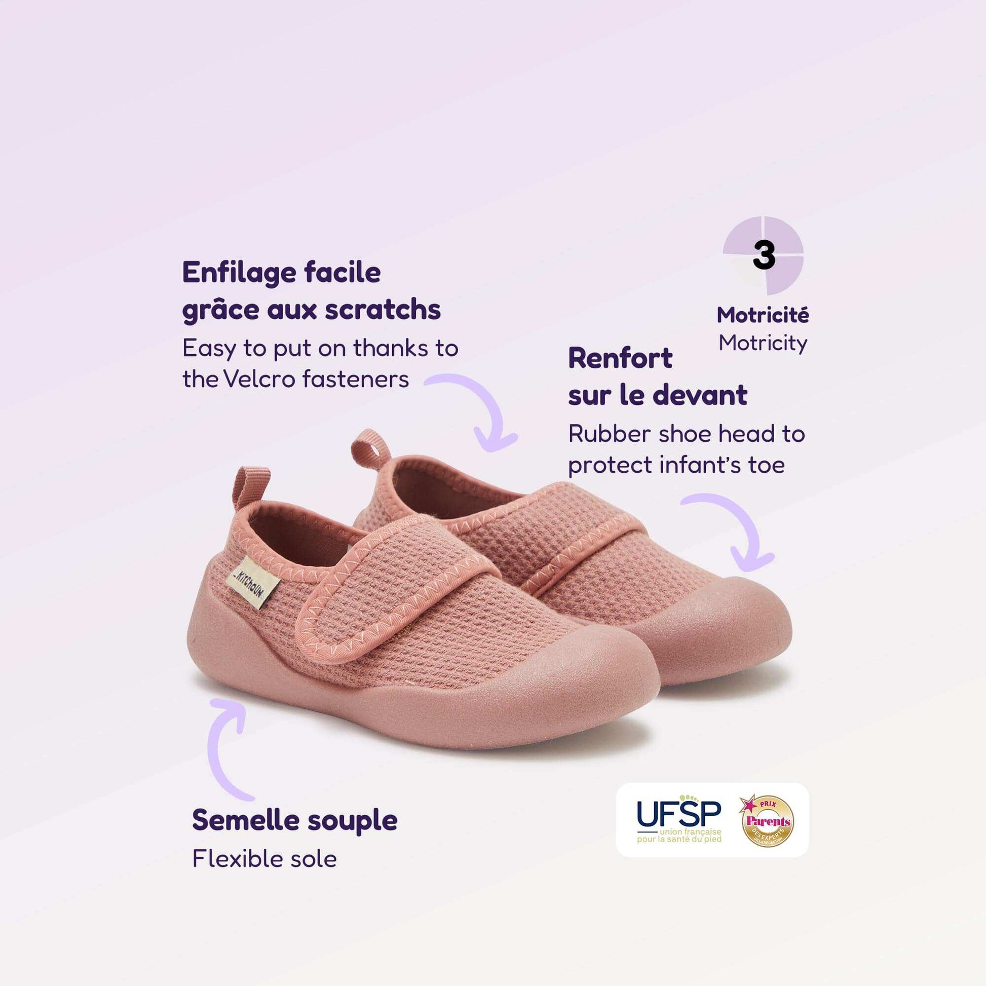 Chaussons motricité 3 '1ers pas' - Kitchoun ROSE