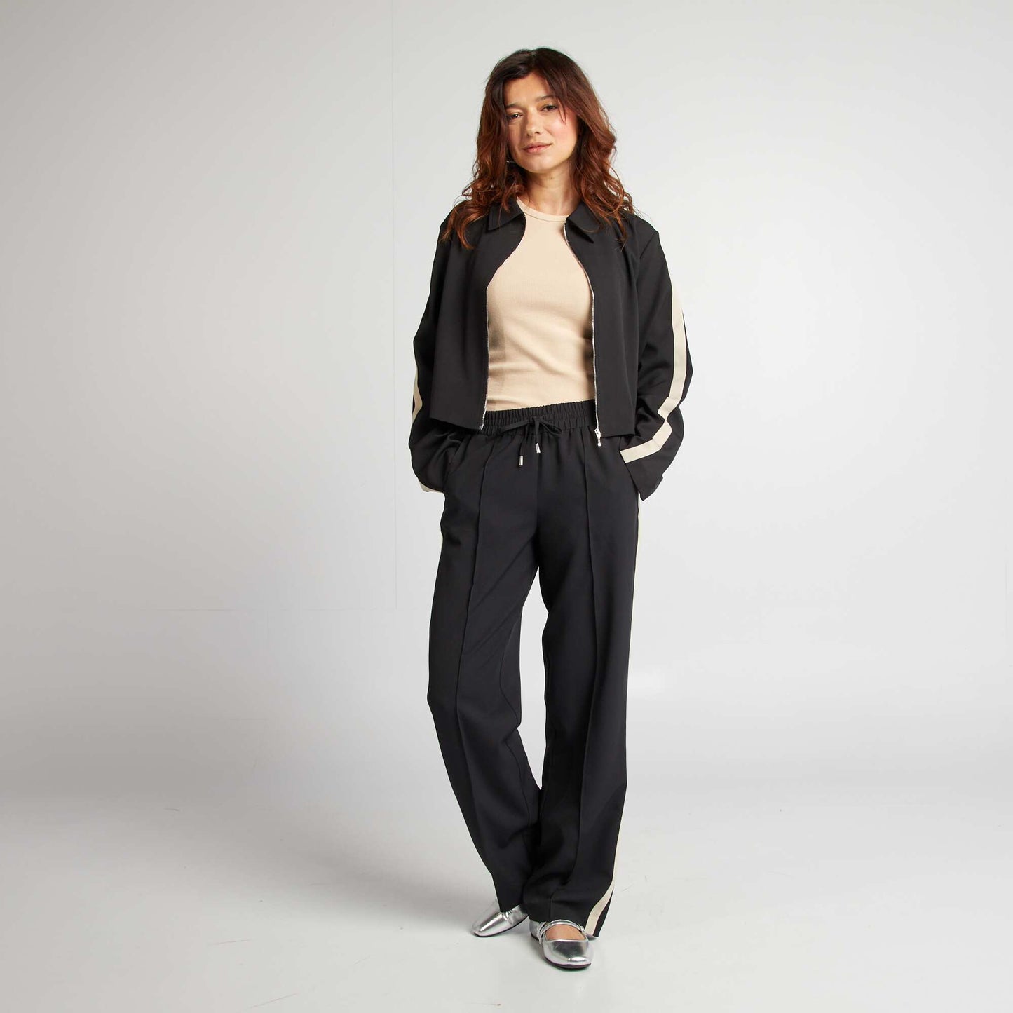 Pantalon large taille haute avec bandes contrastantes NOIR