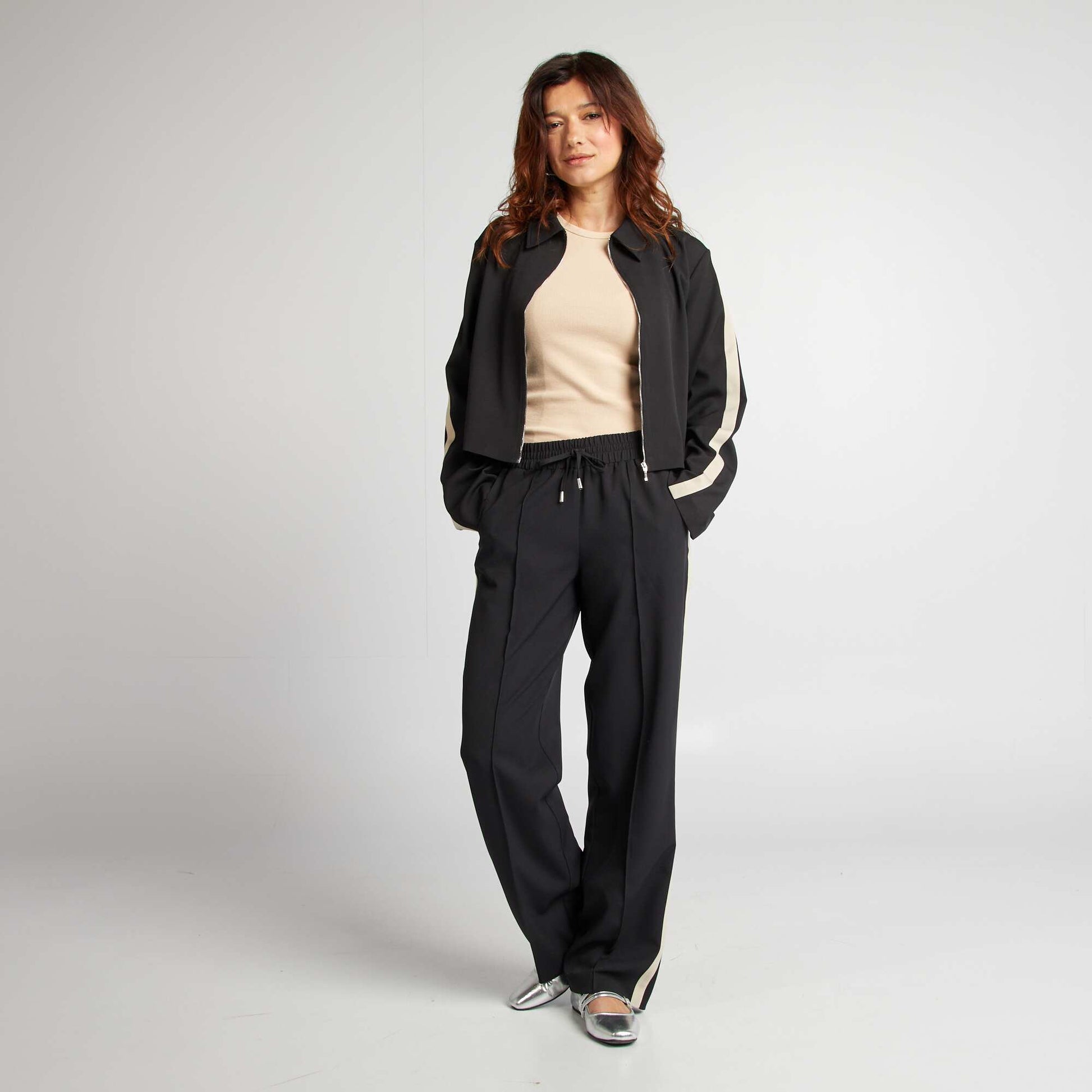 Pantalon large taille haute avec bandes contrastantes NOIR