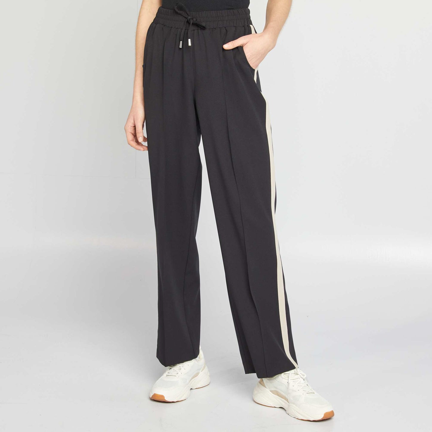 Pantalon large taille haute avec bandes contrastantes NOIR