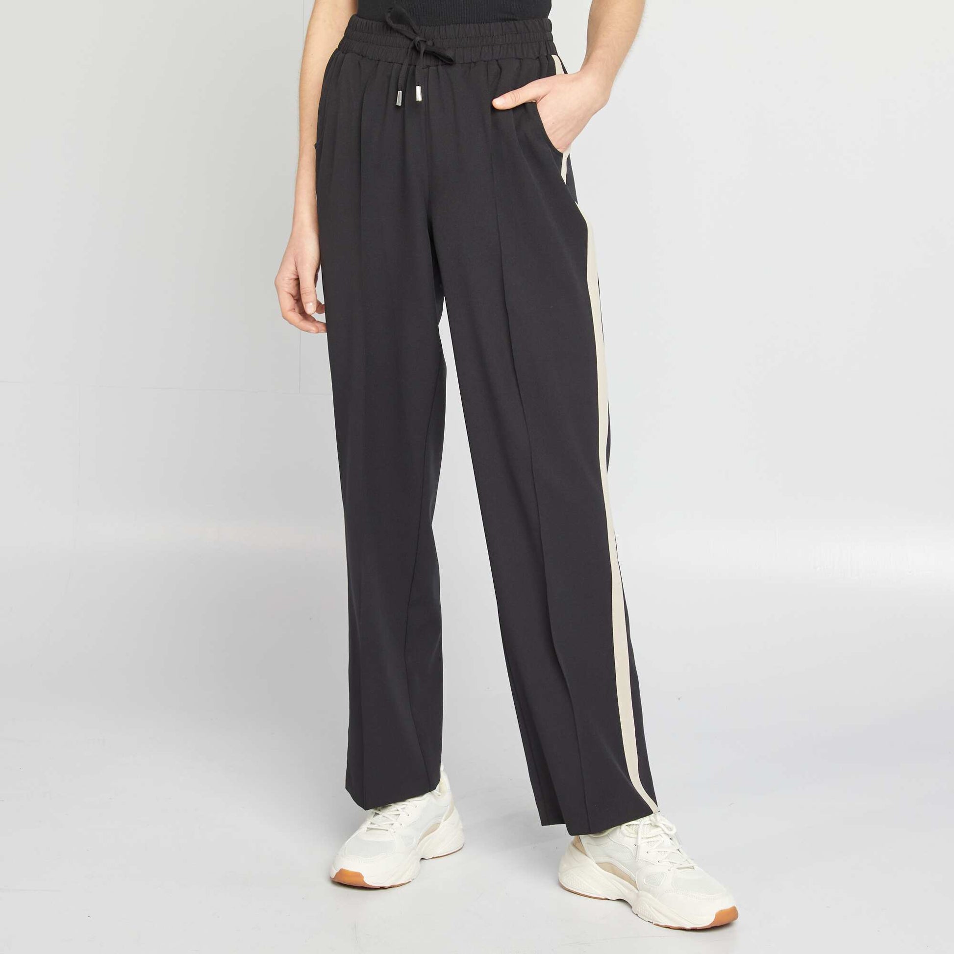 Pantalon large taille haute avec bandes contrastantes NOIR
