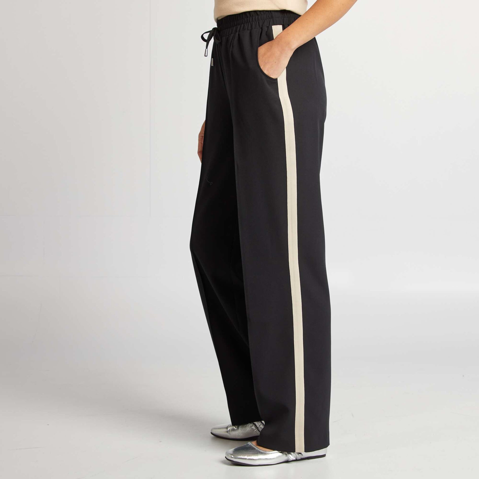 Pantalon large taille haute avec bandes contrastantes NOIR