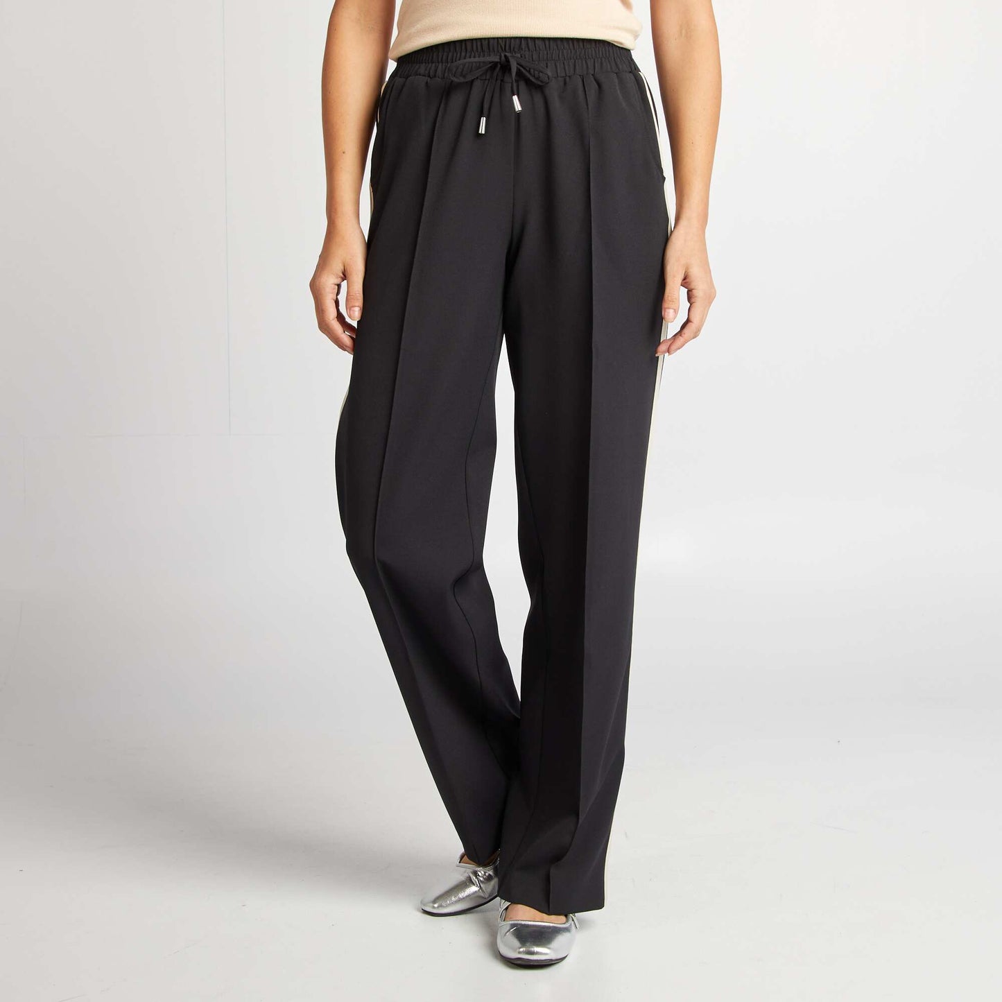 Pantalon large taille haute avec bandes contrastantes NOIR