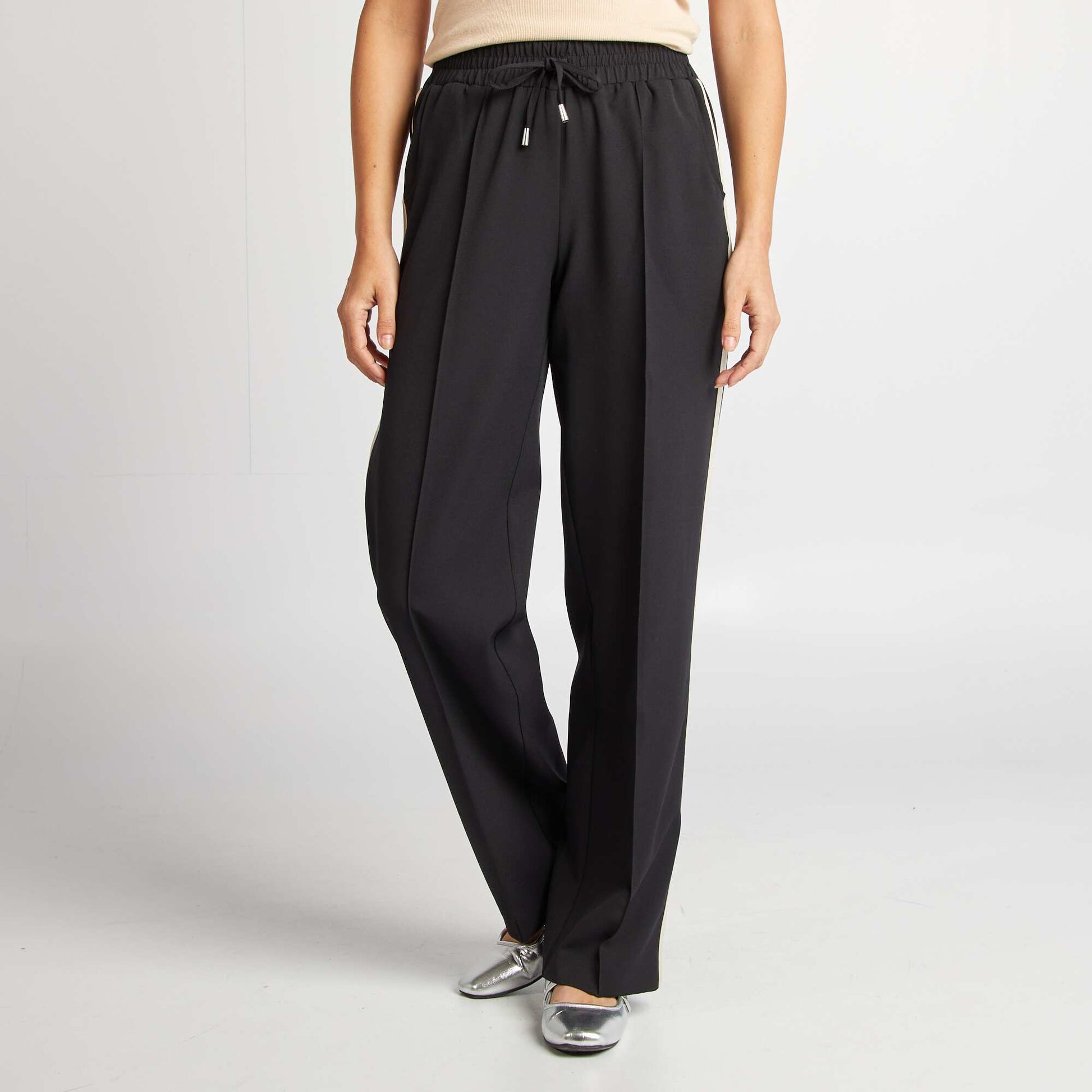 Pantalon large taille haute avec bandes contrastantes NOIR