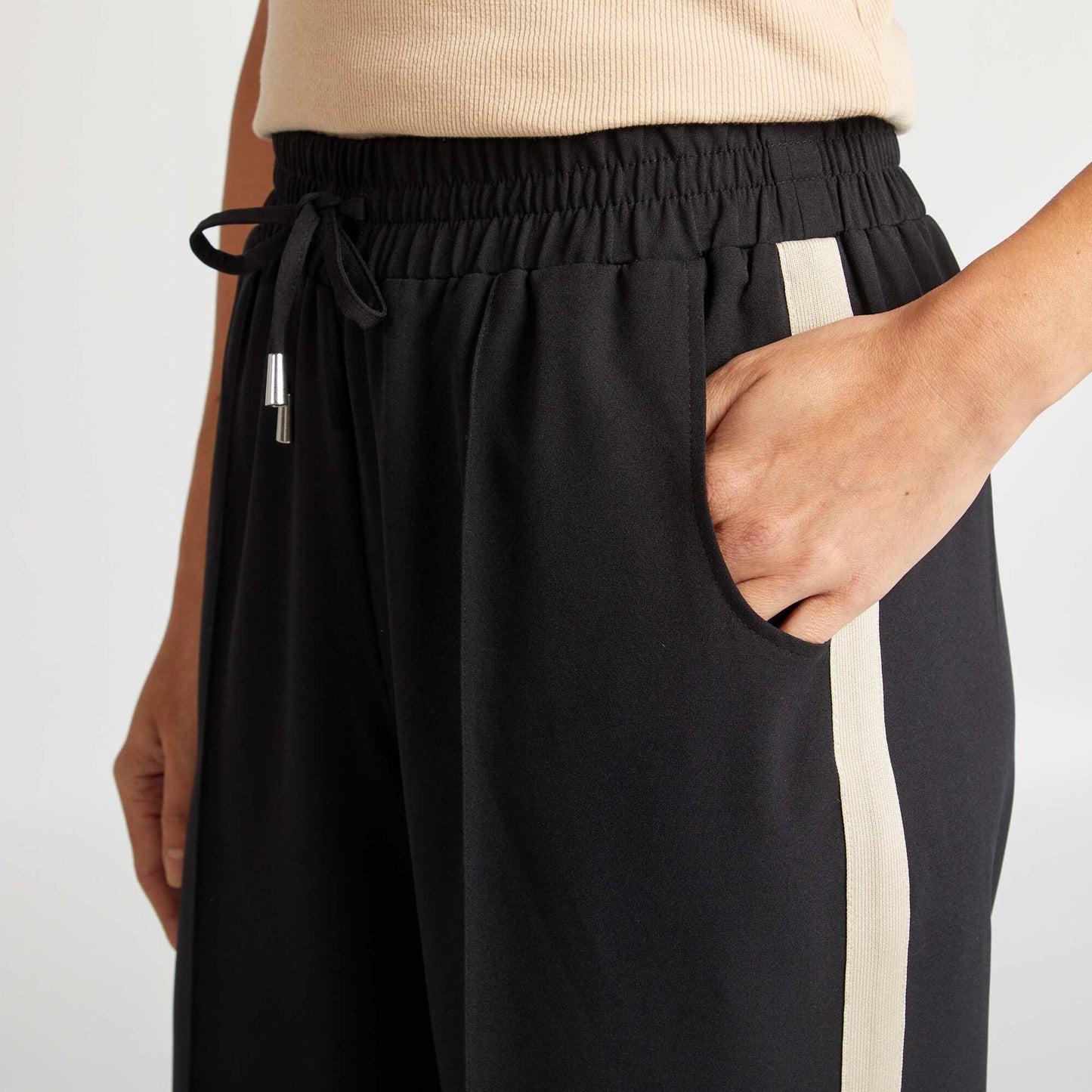 Pantalon large taille haute avec bandes contrastantes NOIR