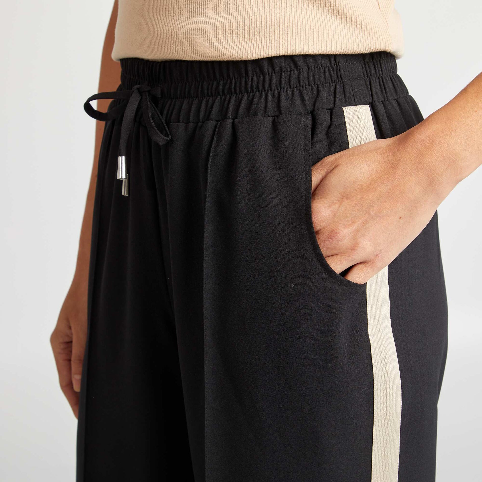 Pantalon large taille haute avec bandes contrastantes NOIR