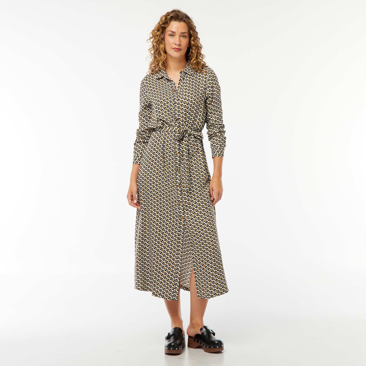 Robe longue chemise imprimée avec ceinture NOIR/BLANC/VERT