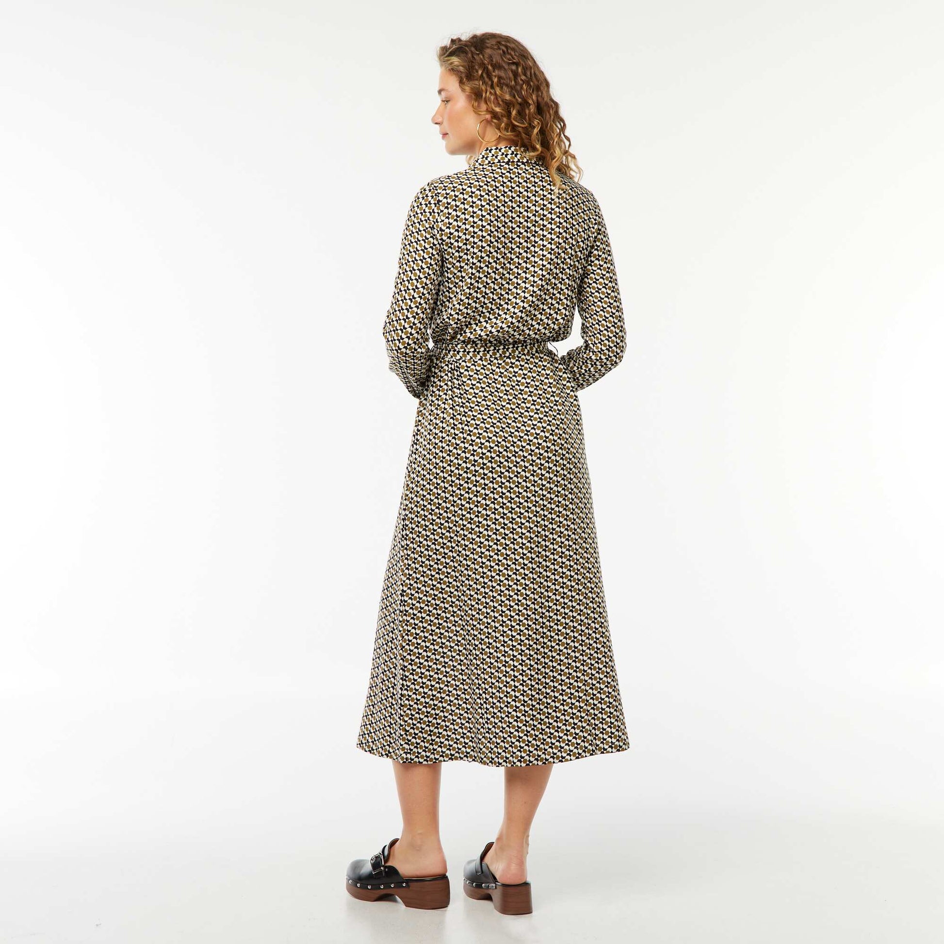Robe longue chemise imprimée avec ceinture NOIR/BLANC/VERT