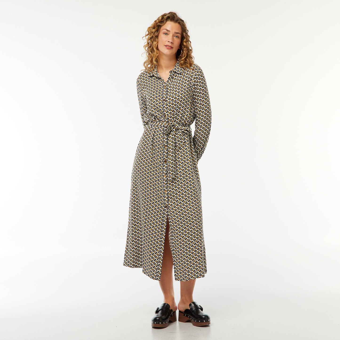 Robe longue chemise imprimée avec ceinture NOIR/BLANC/VERT