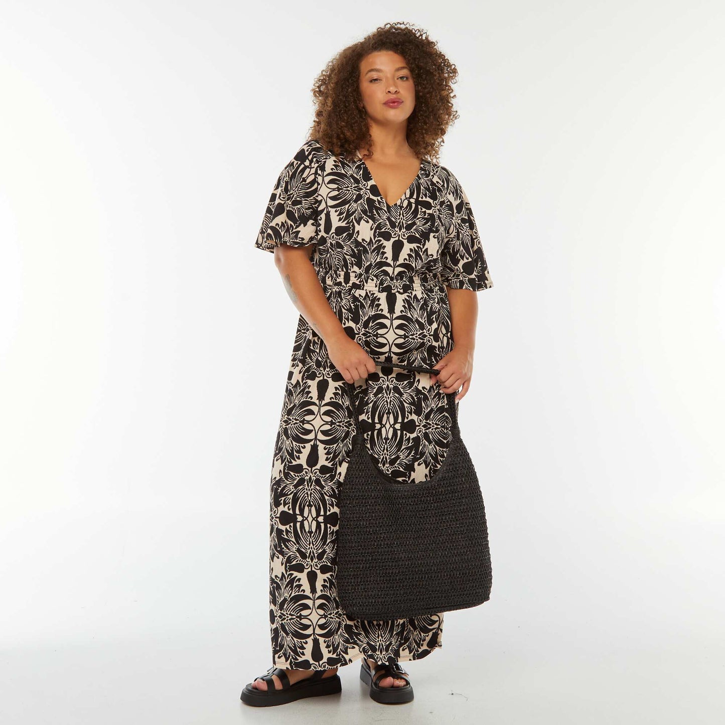 Robe longue unie en maille gaufrée BEIGE