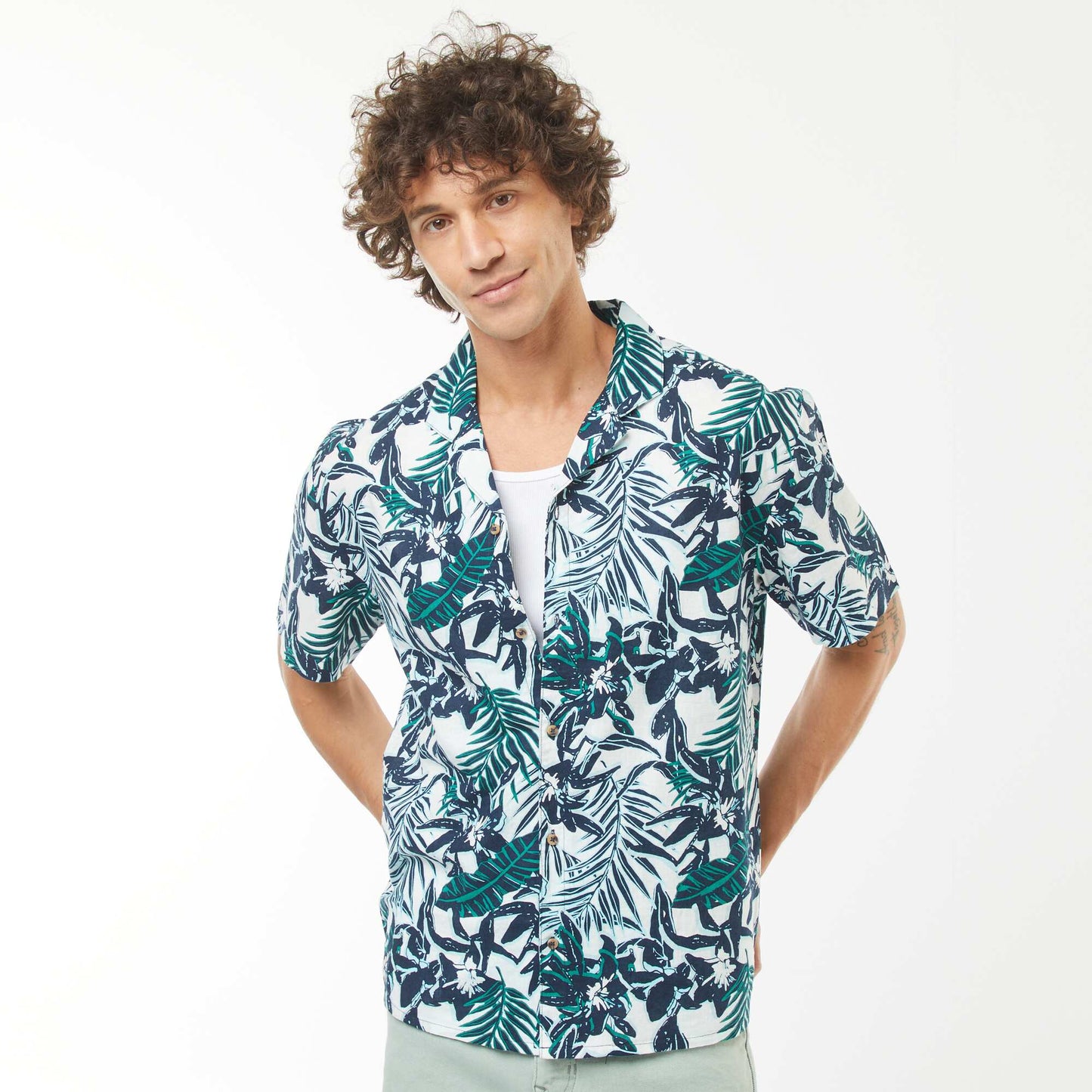 Chemise imprimée manches courtes en lin mélangé BLEU