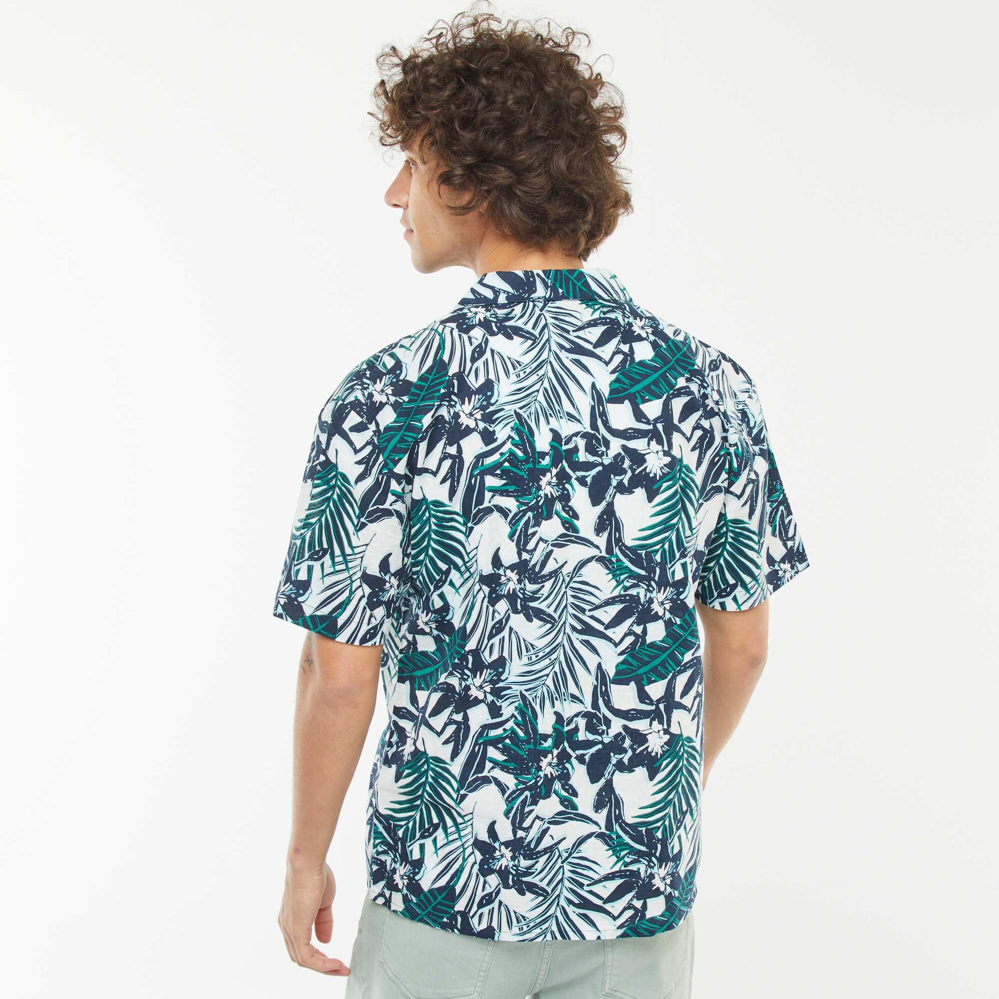 Chemise imprimée manches courtes en lin mélangé BLEU