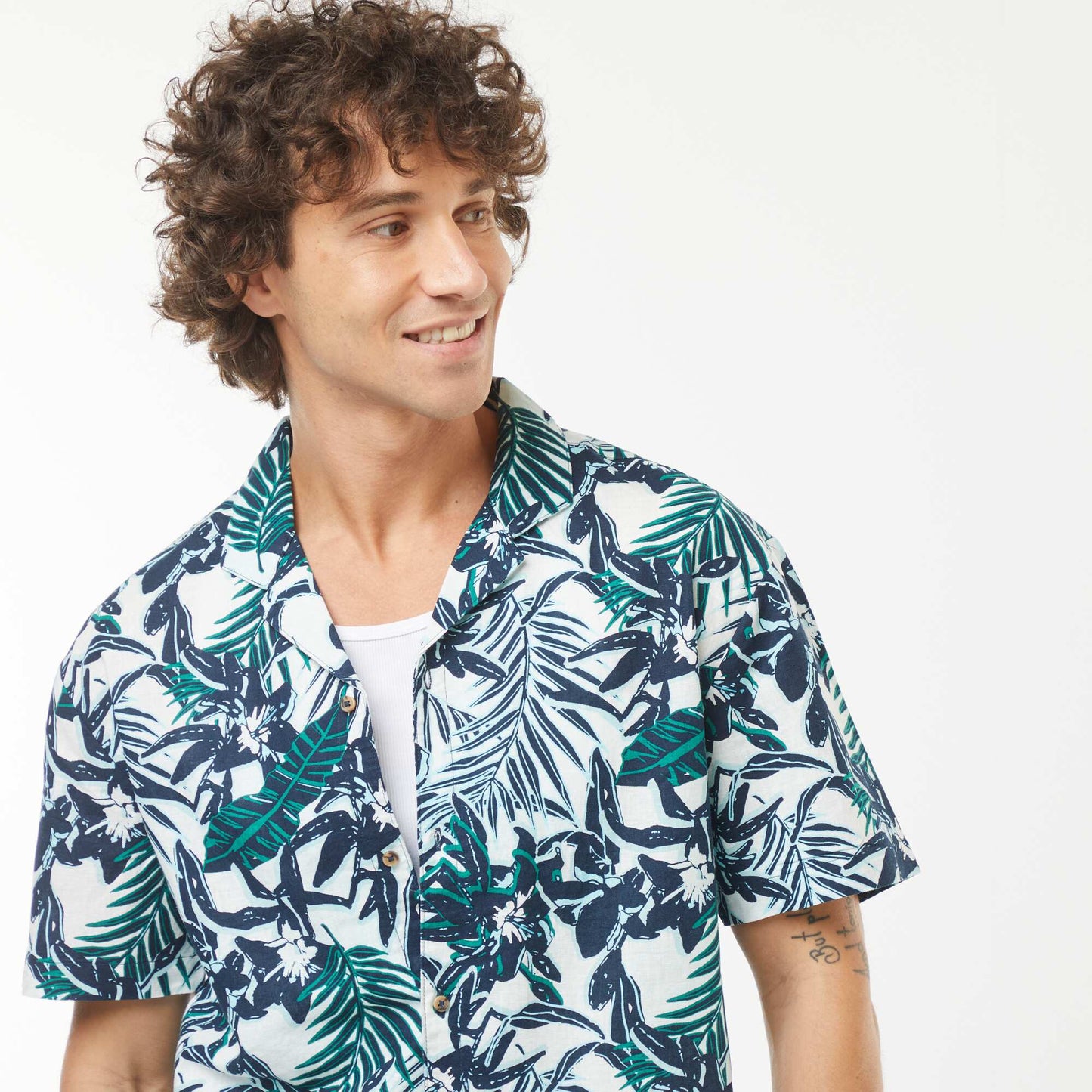 Chemise imprimée manches courtes en lin mélangé BLEU