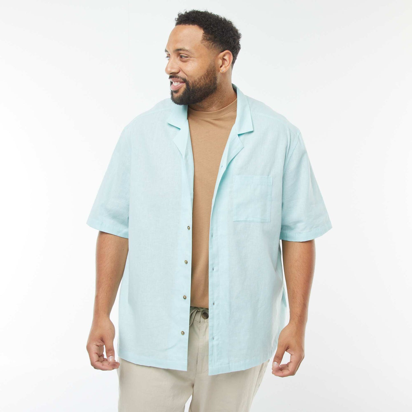 Chemise à manches courtes en lin mélangé BLEU