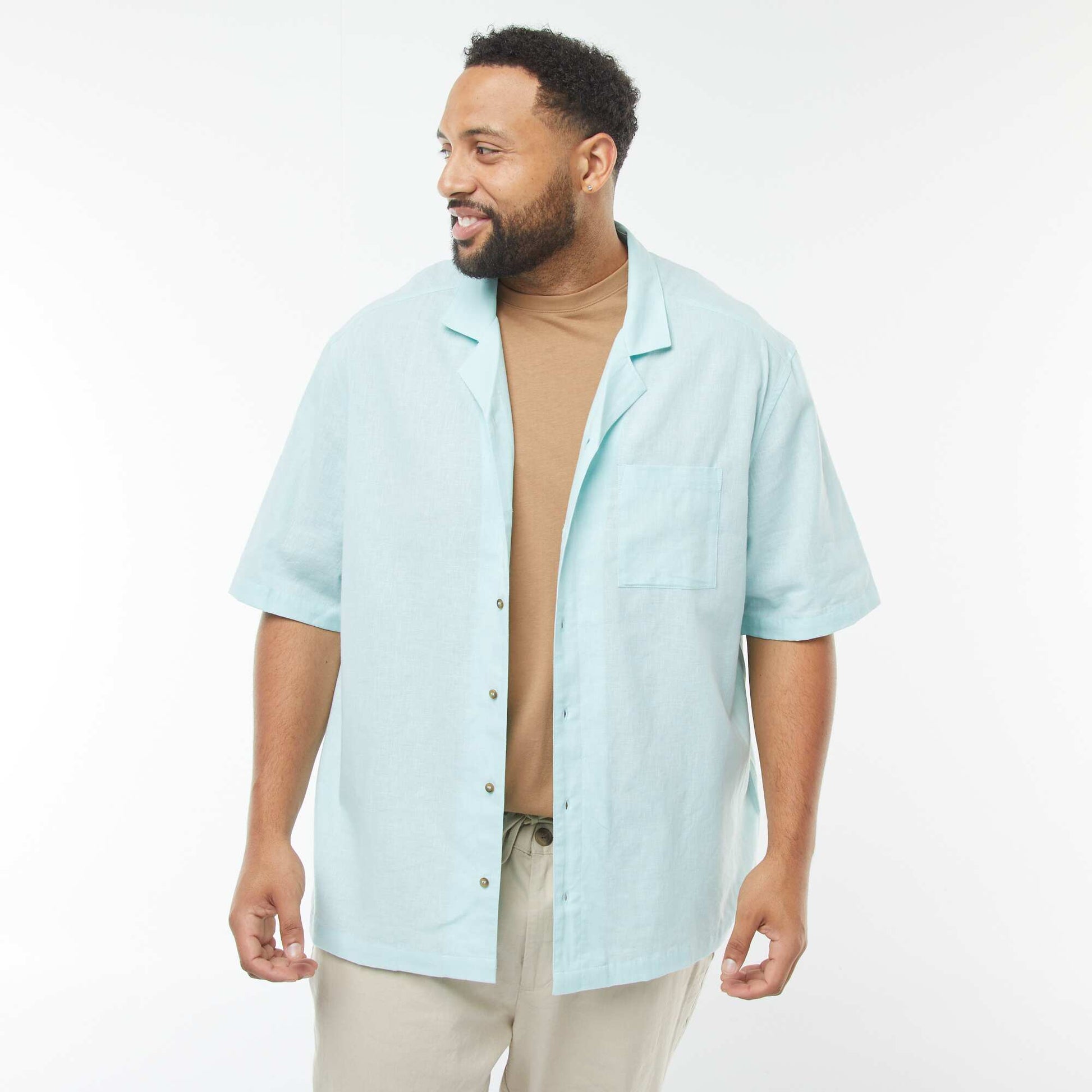 Chemise à manches courtes en lin mélangé BLEU