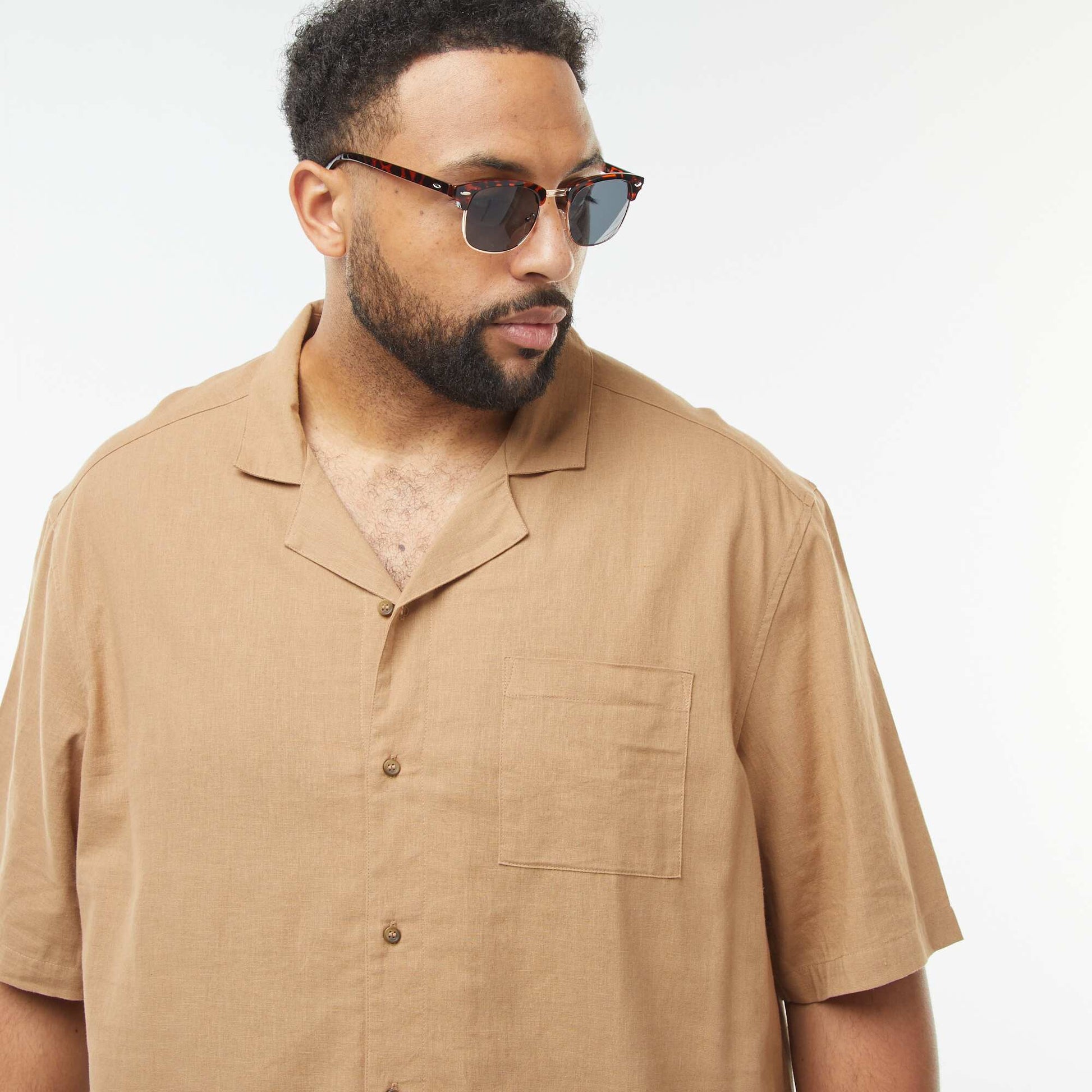 Chemise à manches courtes en lin mélangé BEIGE