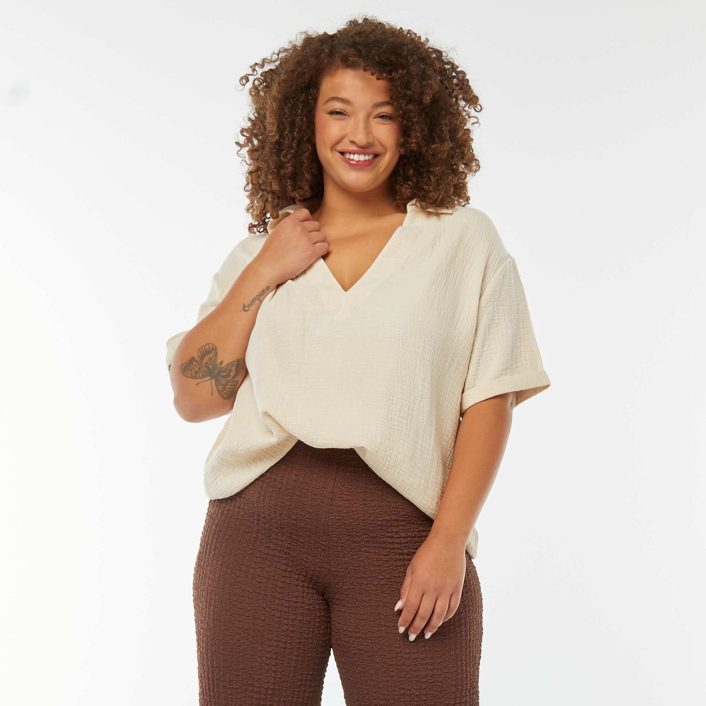 Blouse en gaze de coton avec col polo BLANC
