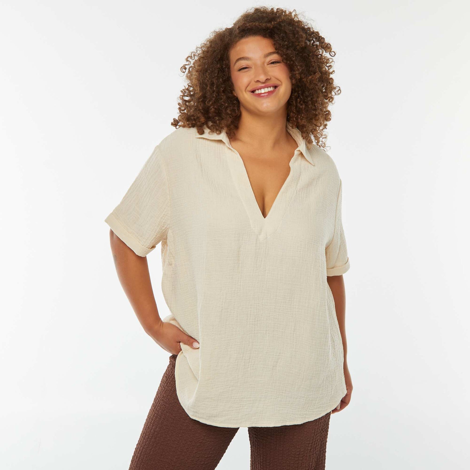 Blouse en gaze de coton avec col polo BLANC